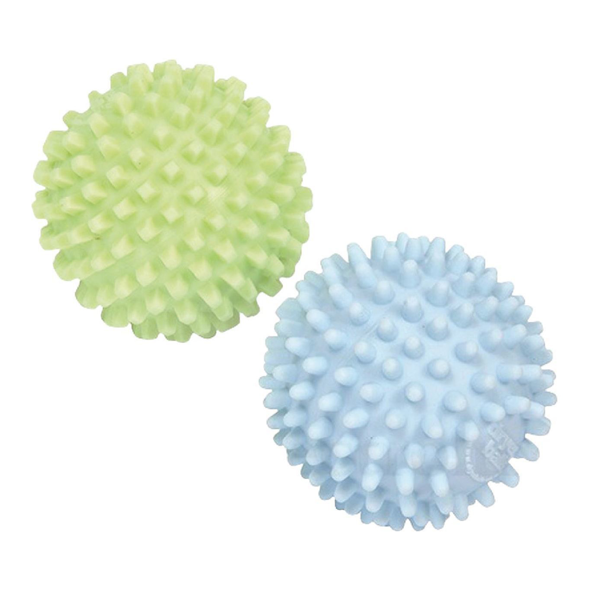 Dwie kolczaste piłki, jedna jasnozielona, jedna jasnoniebieska, obok siebie na białym tle.