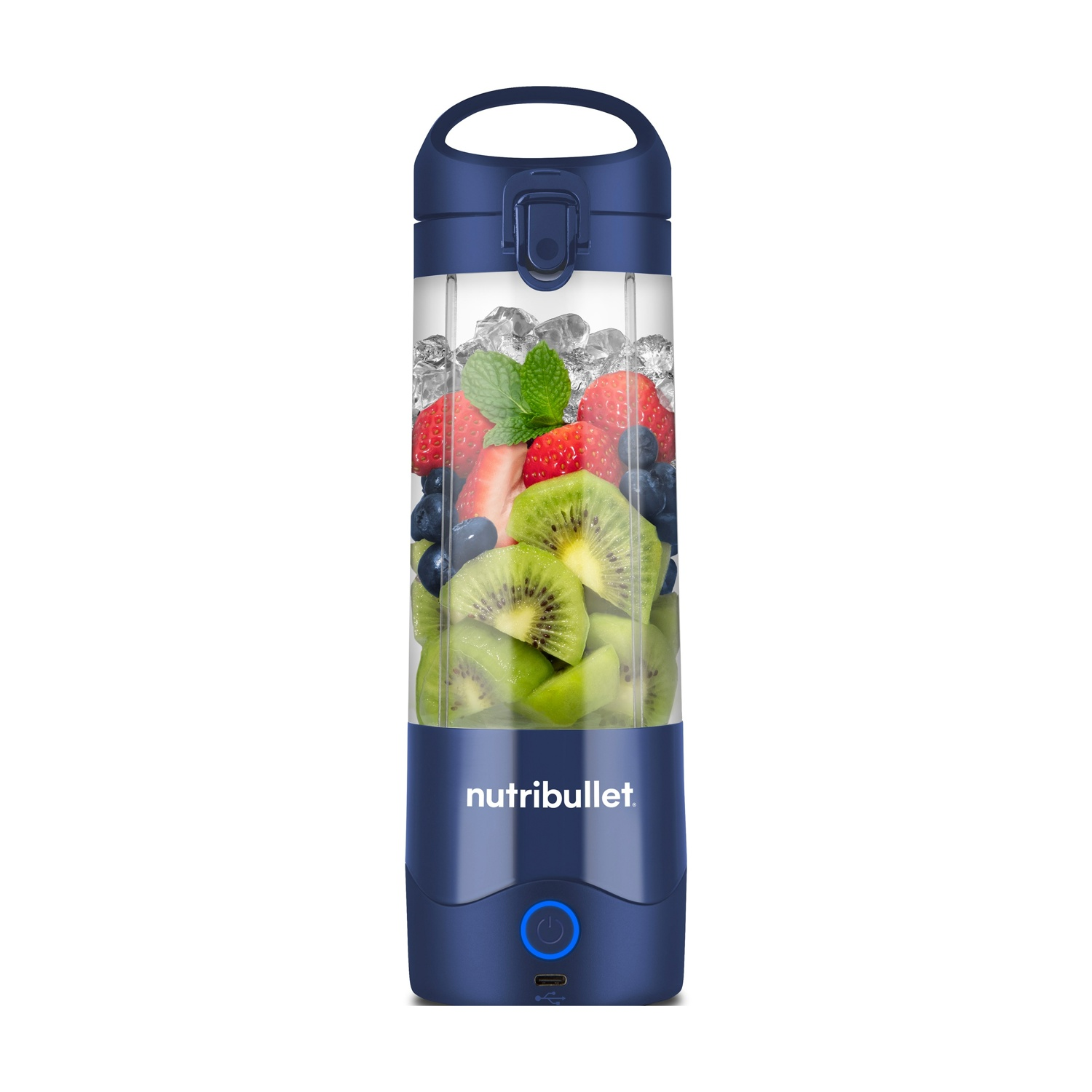 Meyve ve buz küpleriyle dolu mavi Nutribullet blender.