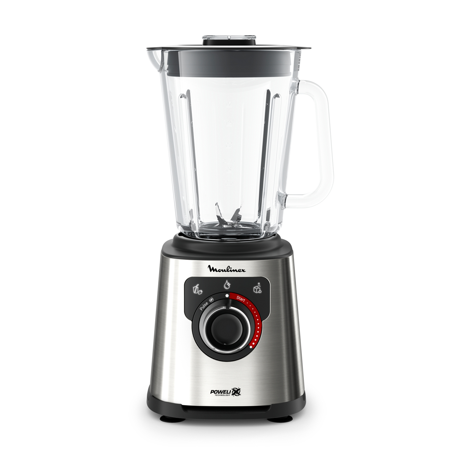 Cam sürahili, siyah kapaklı, ön kumandalı paslanmaz çelik blender.