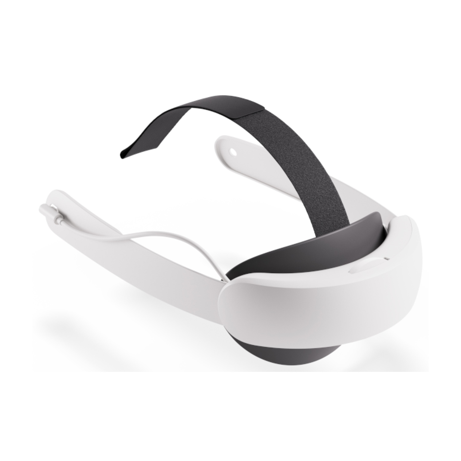 Biały zestaw VR z czarnym paskiem na białym tle.
