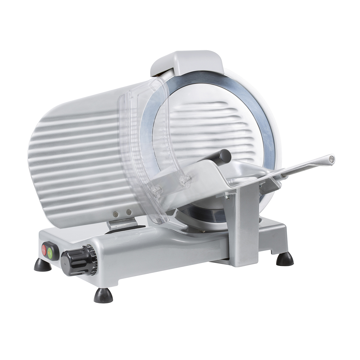 Srebrna krajalnica do mięsa z osłoną ostrza i pokrętłem regulacji.