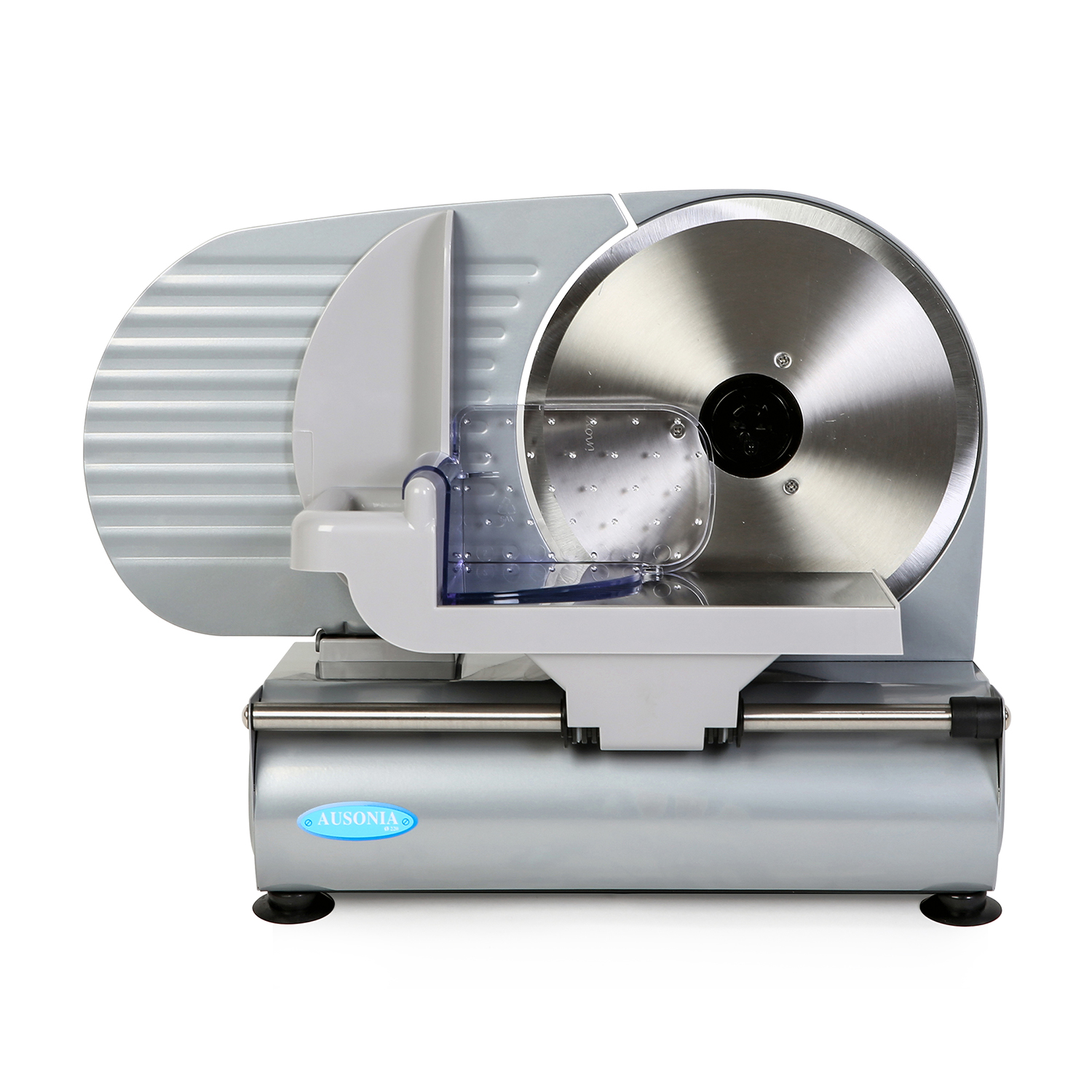 Srebrna krajalnica do mięsa z okrągłym systemem ostrzy i przezroczystą osłoną ostrza.