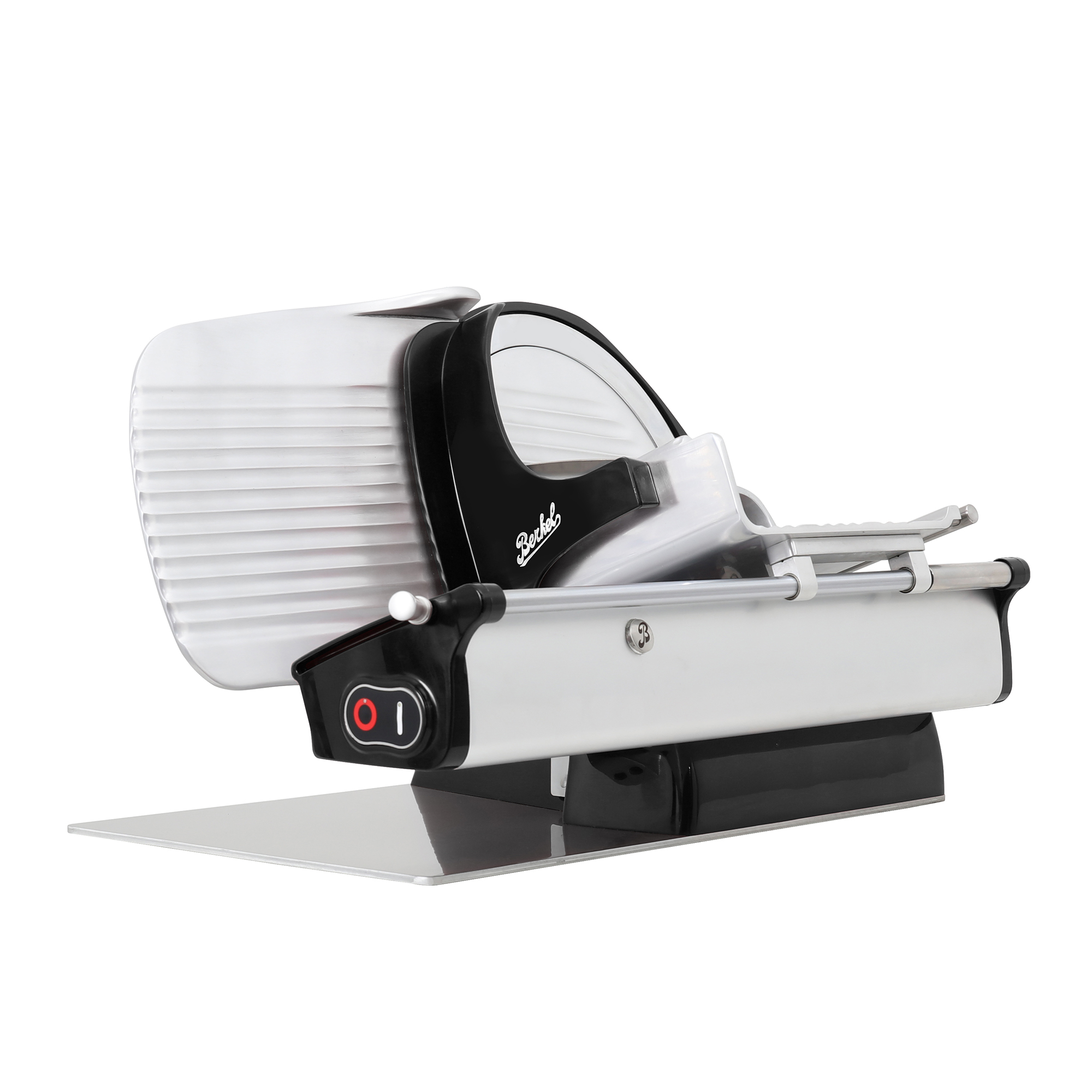 Srebrna krajalnica do mięsa z czarną obudową i czerwonym włącznikiem.