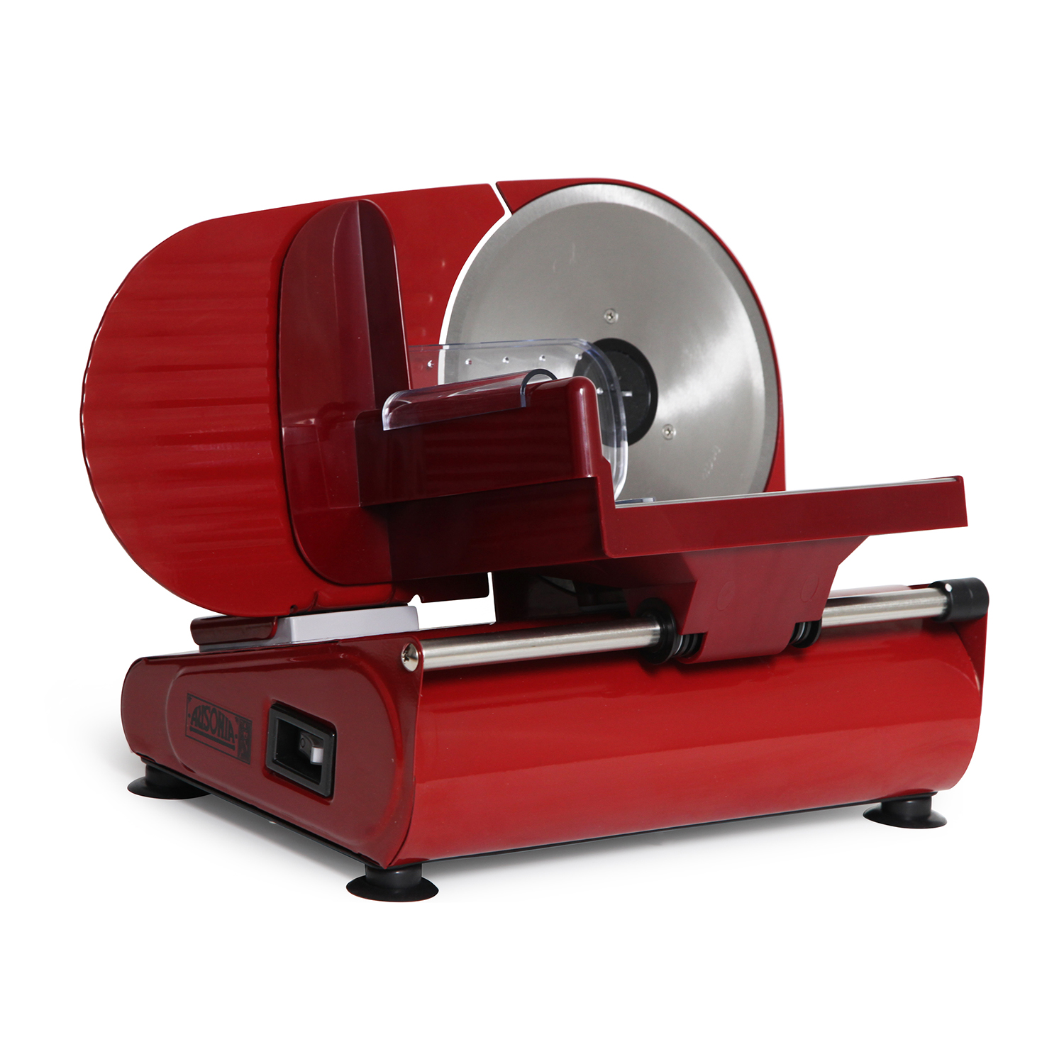 Czerwona krajalnica do mięsa z srebrnym ostrzem.