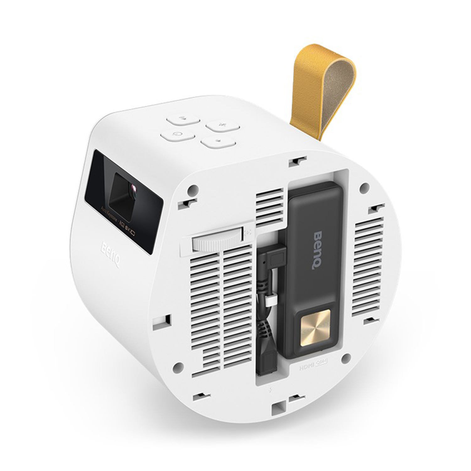Un proiettore bianco con manico giallo e dongle HDMI.