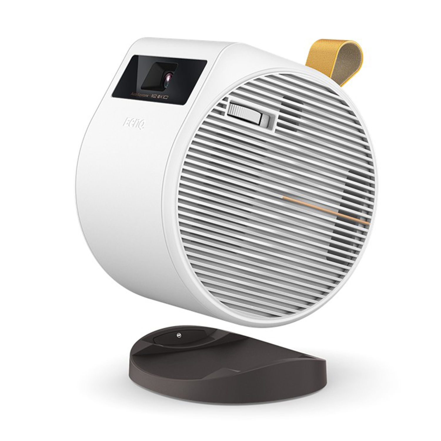 Proiettore BenQ bianco con anello giallo, su supporto grigio scuro.