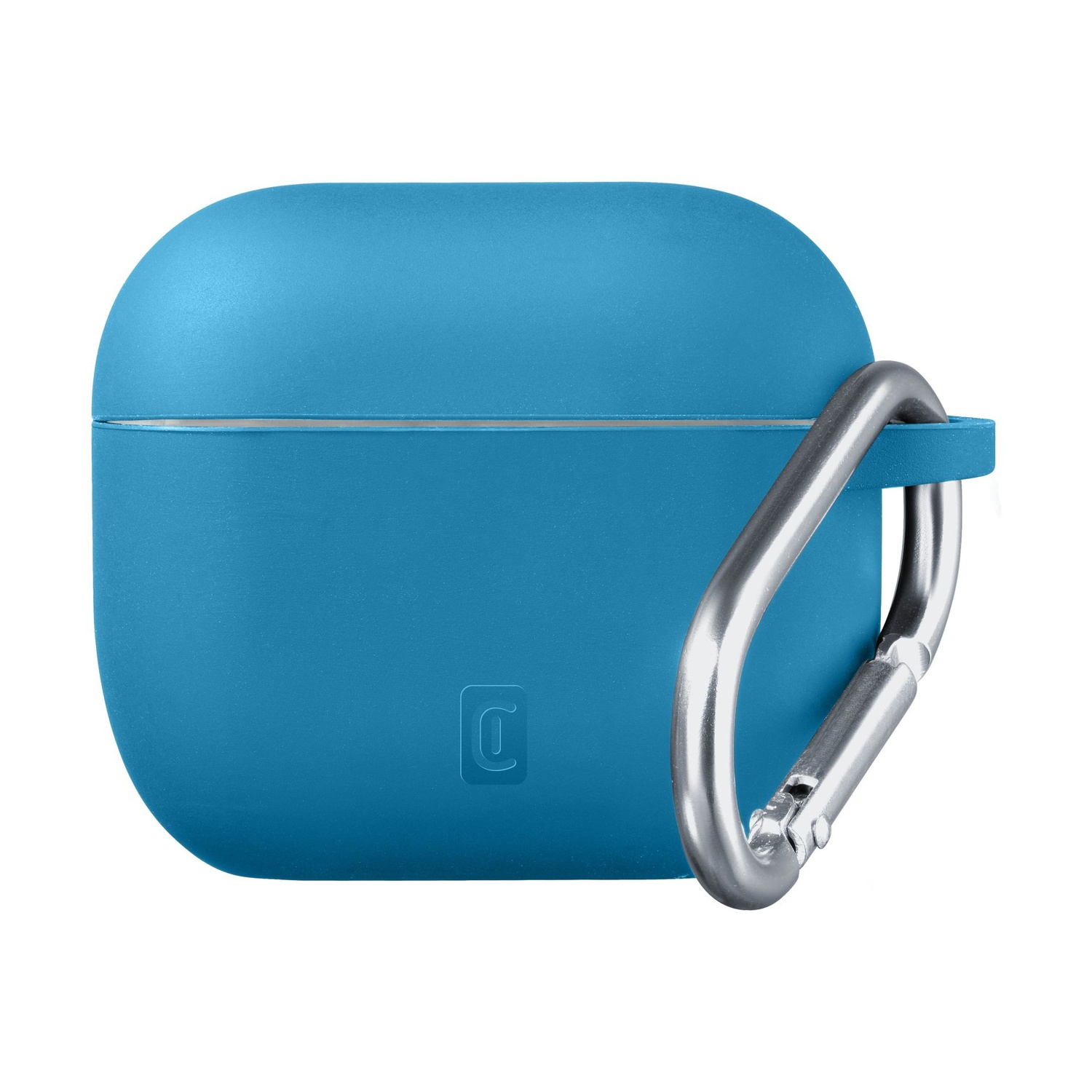 Custodia blu con moschettone argentato, isolata su bianco.