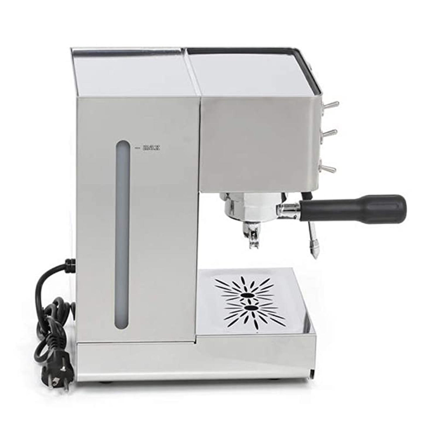Silberne Espressomaschine mit schwarzem Griff und Wassertank.