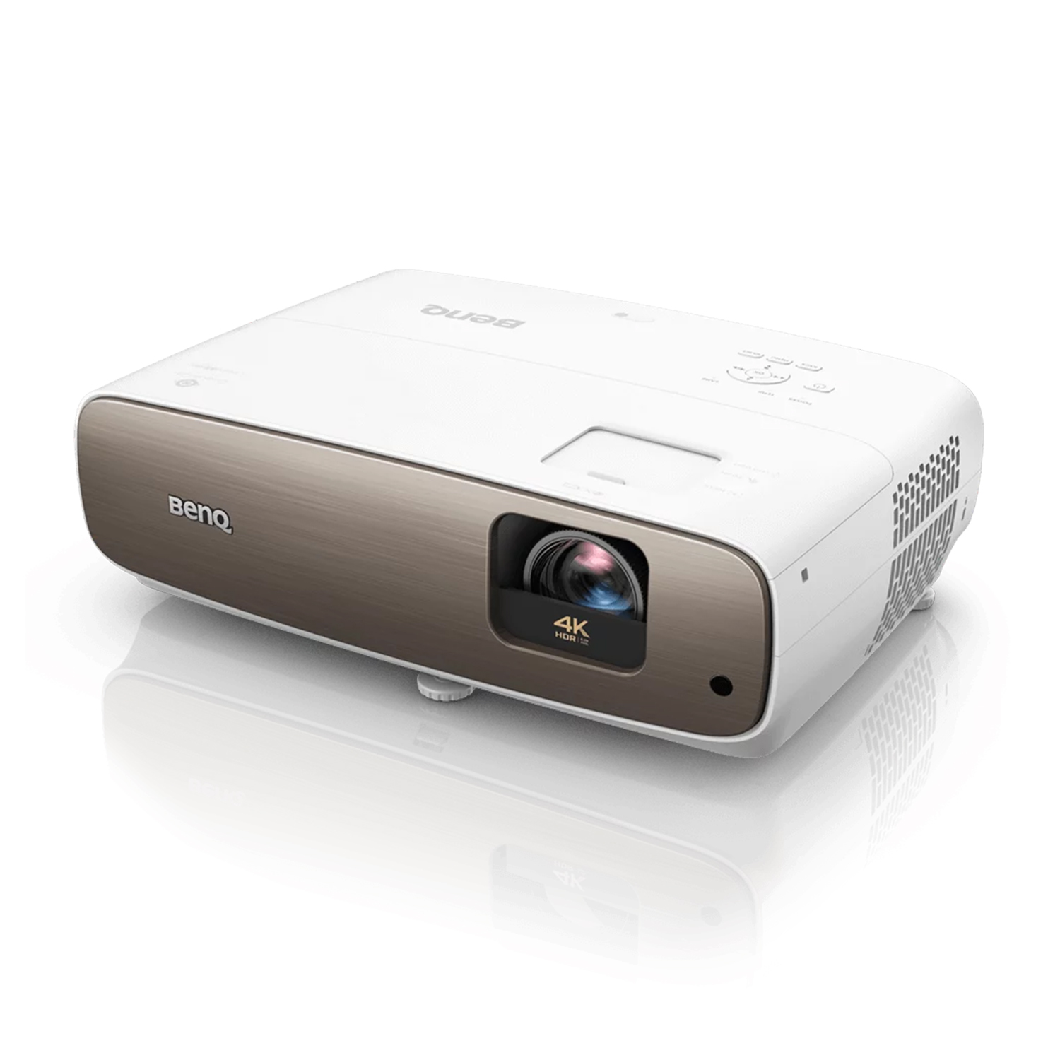 Un proiettore BenQ bianco con frontale bronzo e logo 4K HDR.