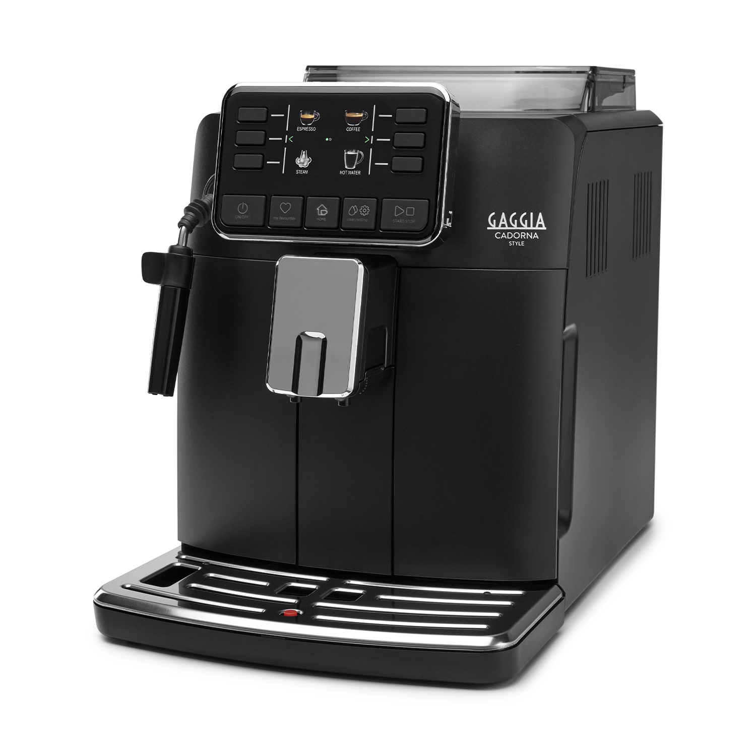 Cafetera negra con detalles plateados y panel de control.