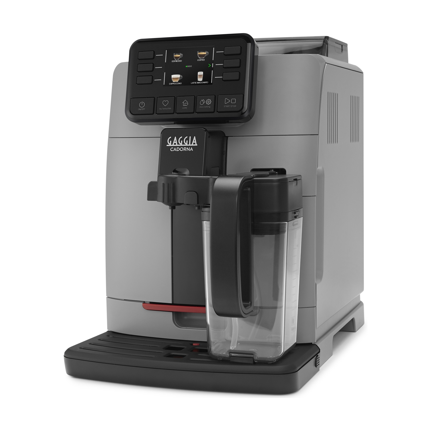 Szara ekspres do kawy Gaggia Cadorna z cyfrowym wyświetlaczem i dzbankiem.