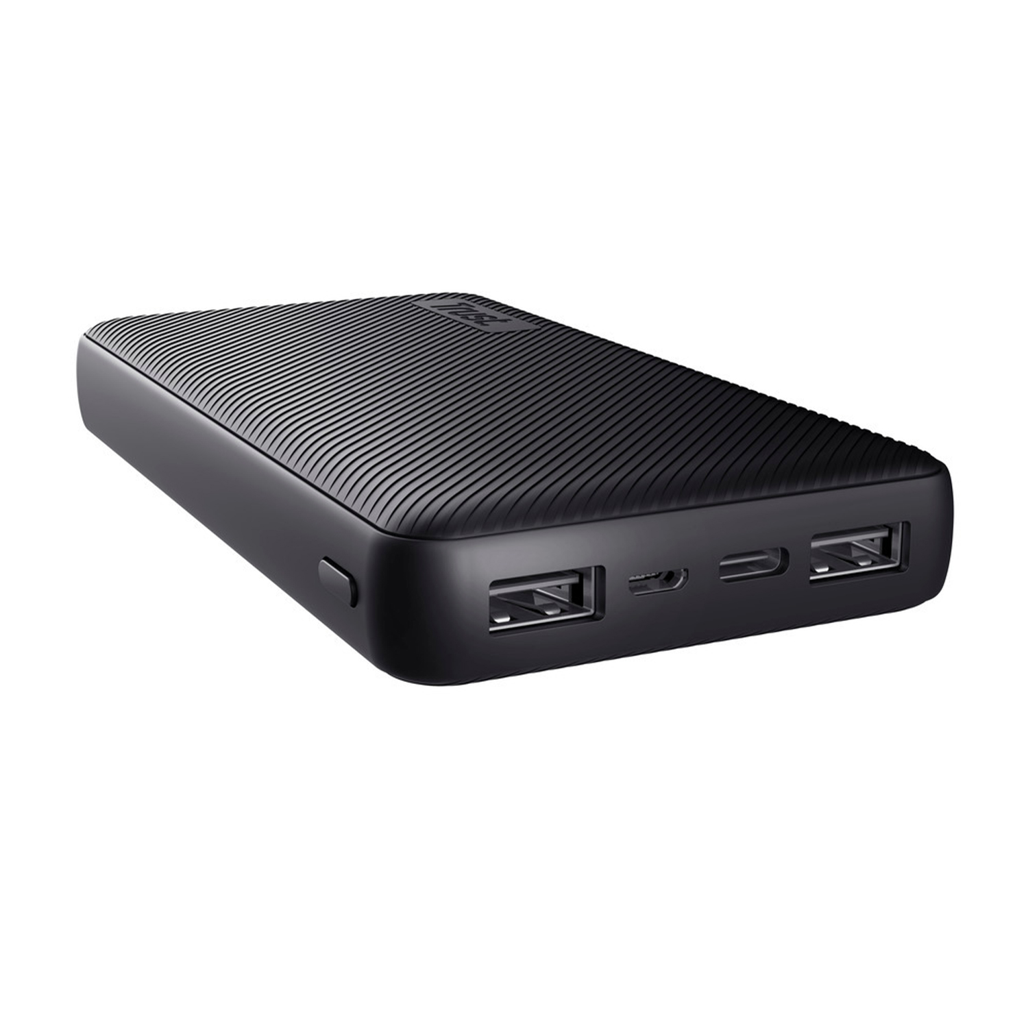 Yivli üst, iki USB bağlantı noktası ve bir USB-C bağlantı noktasına sahip siyah powerbank.