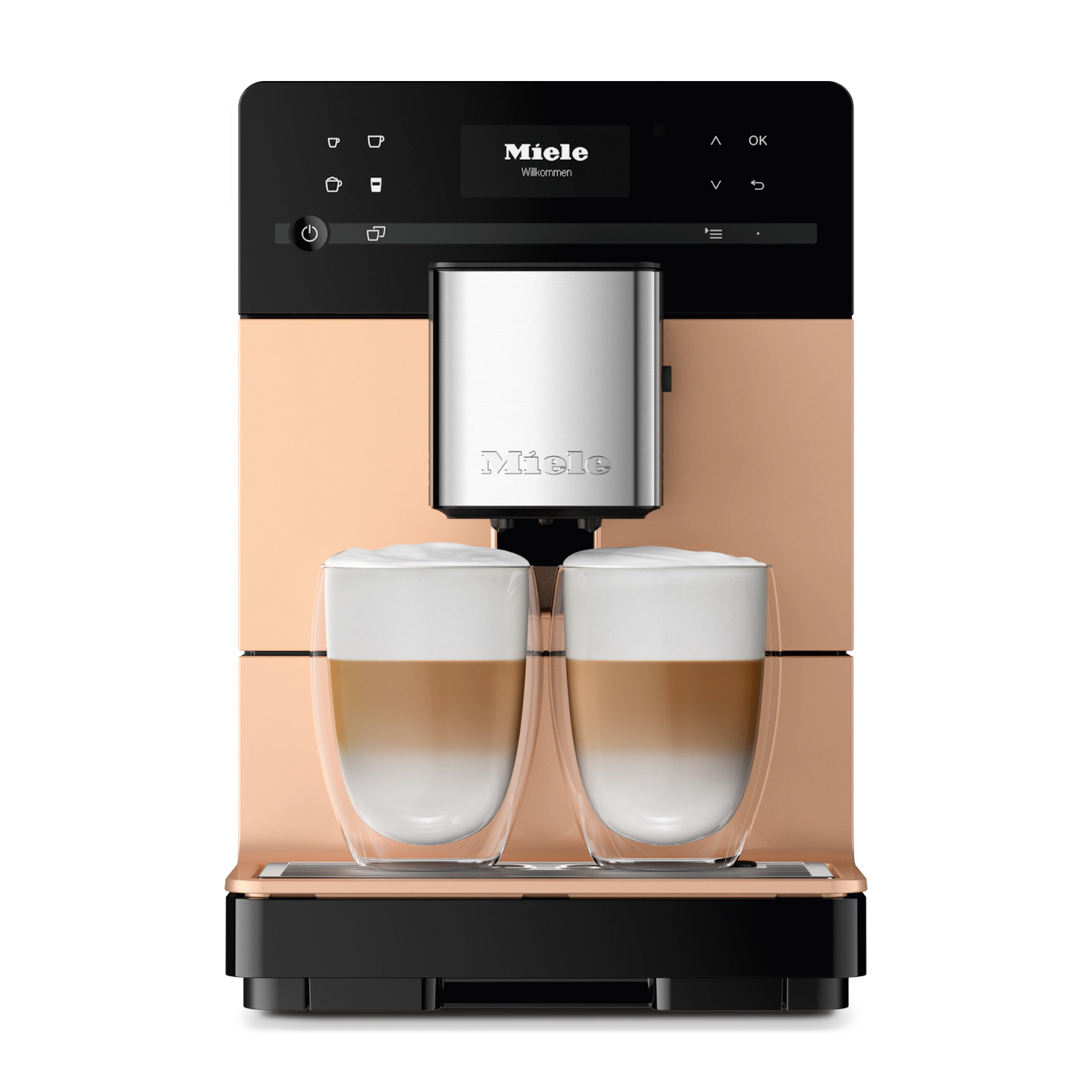 Una cafetera Miele color cobre con dos vasos de latte macchiato.
