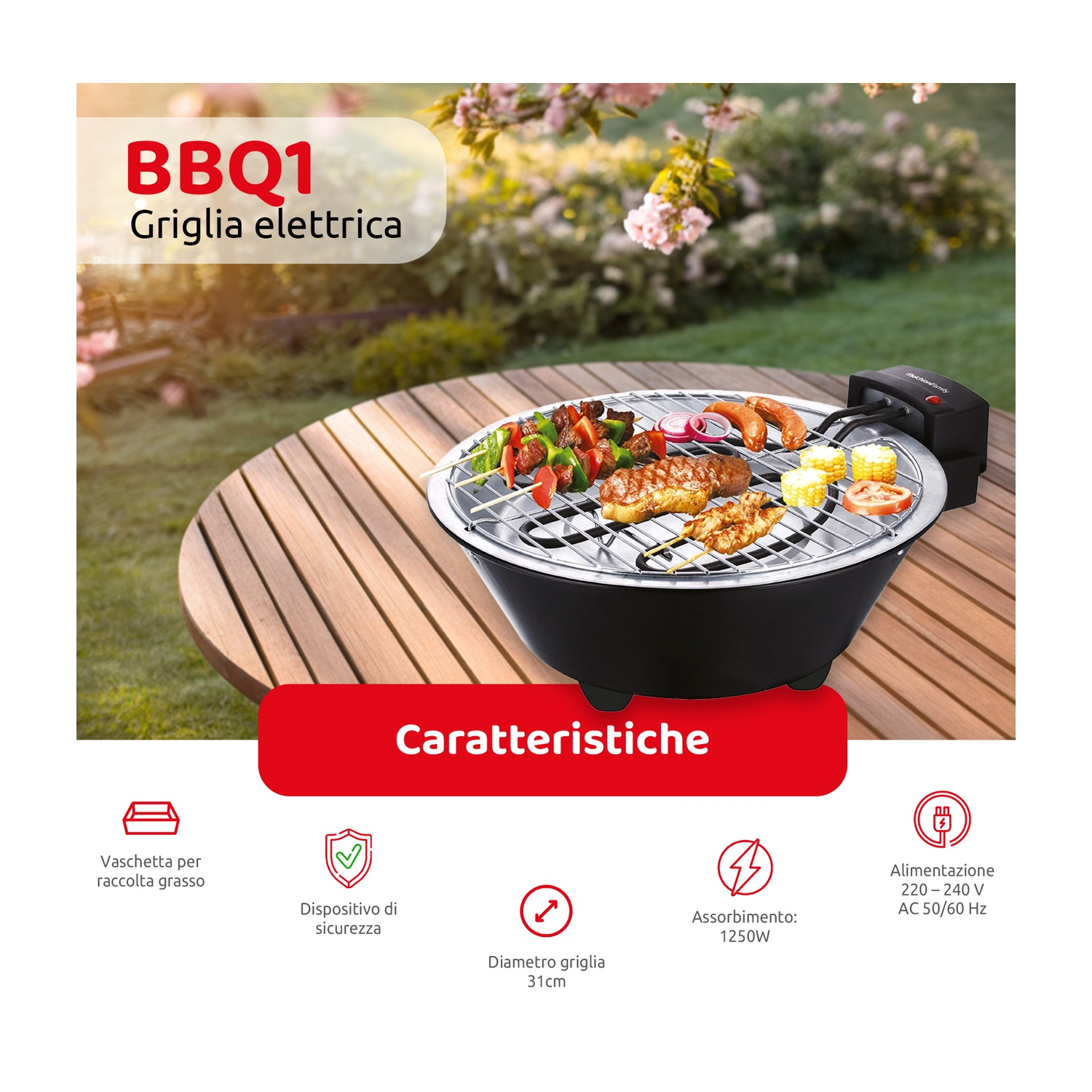 Elektrischer Grill mit Fleischspießen, Würsten, Mais und Gemüse auf einem Holztisch.