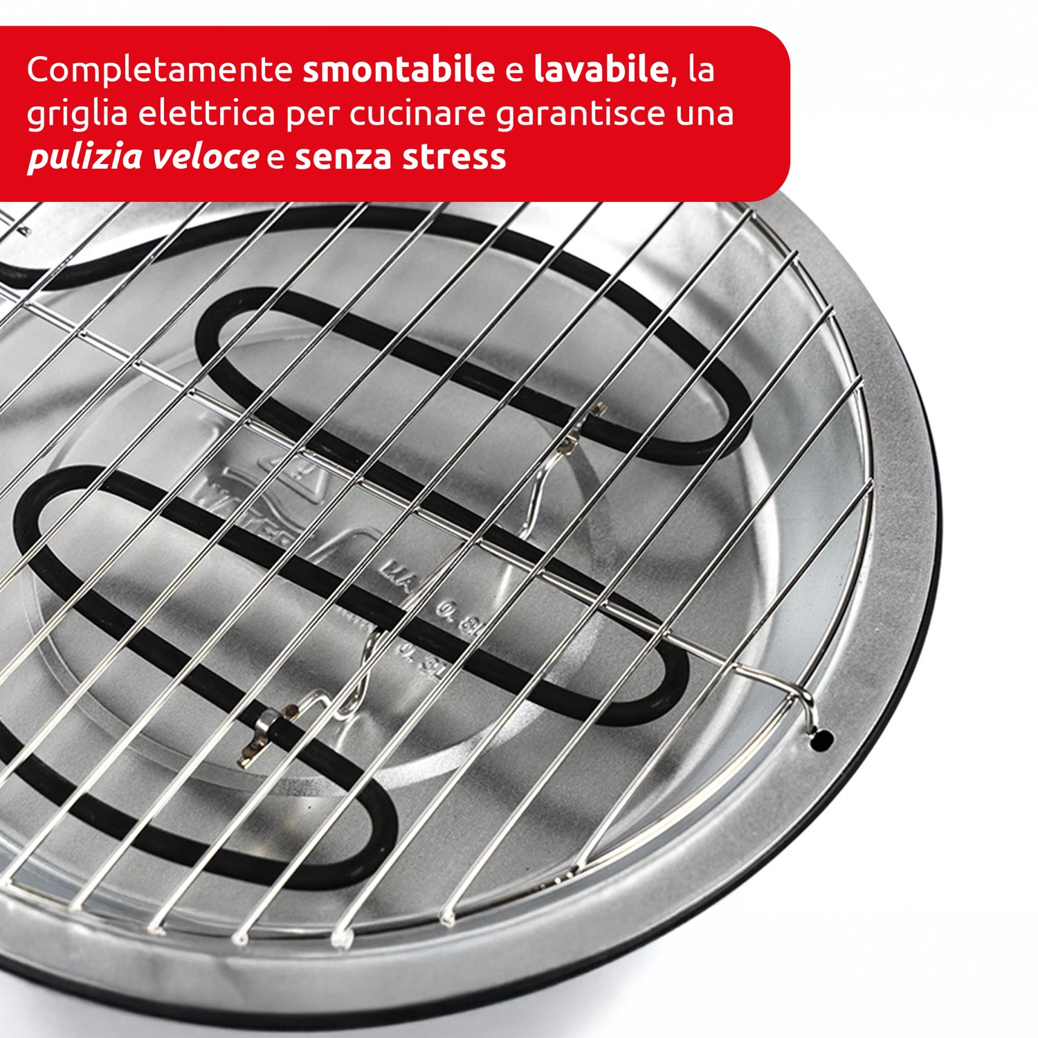 Elektrischer Grill mit Chromrost und schwarzem Heizelement.