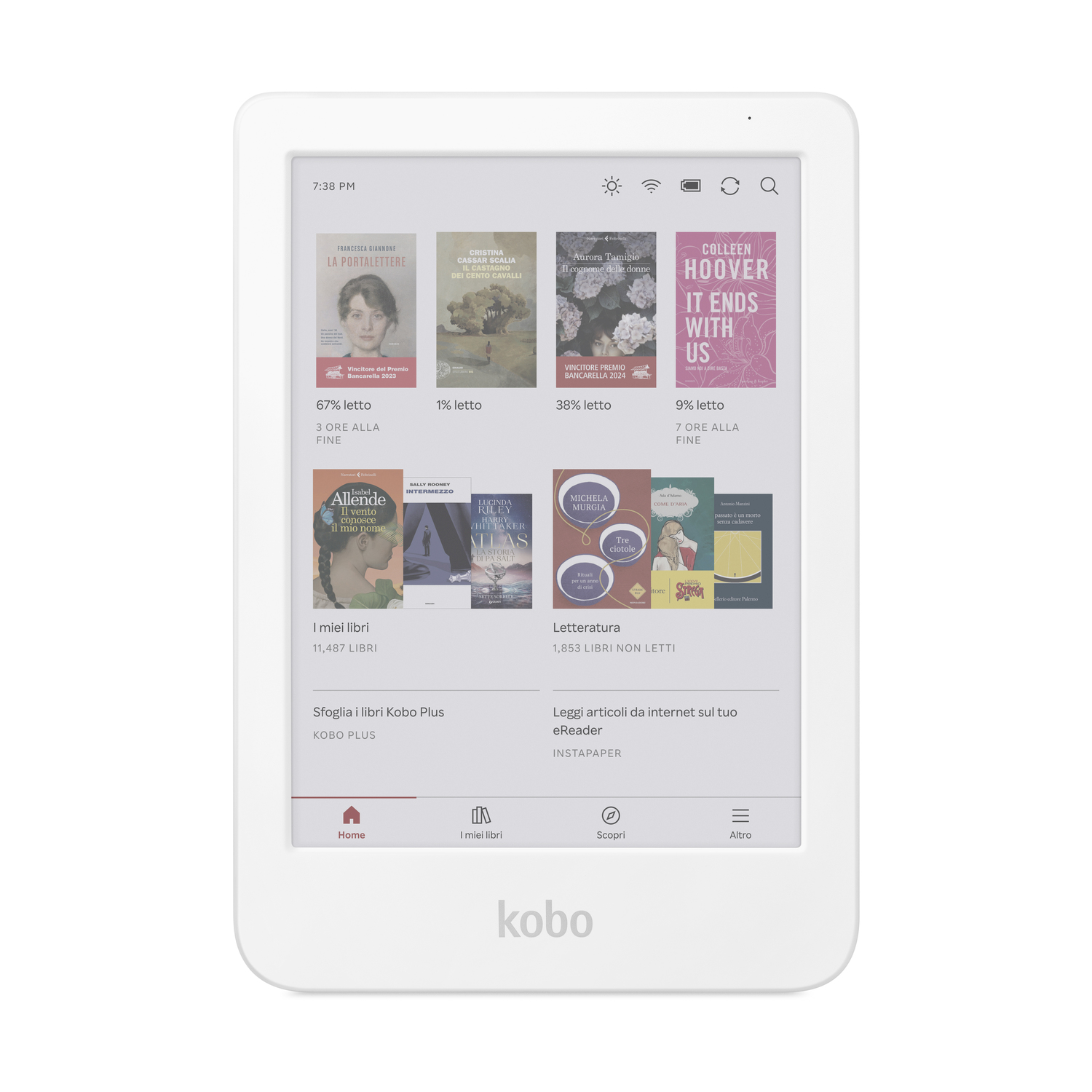 Un e-reader bianco mostra copertine di libri, progressi di lettura e opzioni di navigazione.