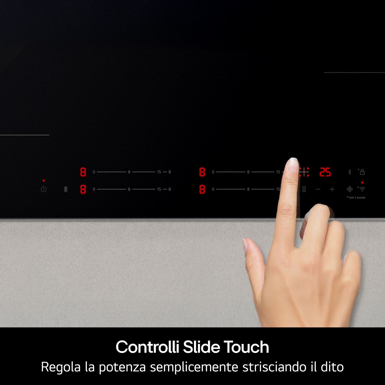 Una mano ajusta los niveles de cocción en una placa de inducción negra con pantalla digital.