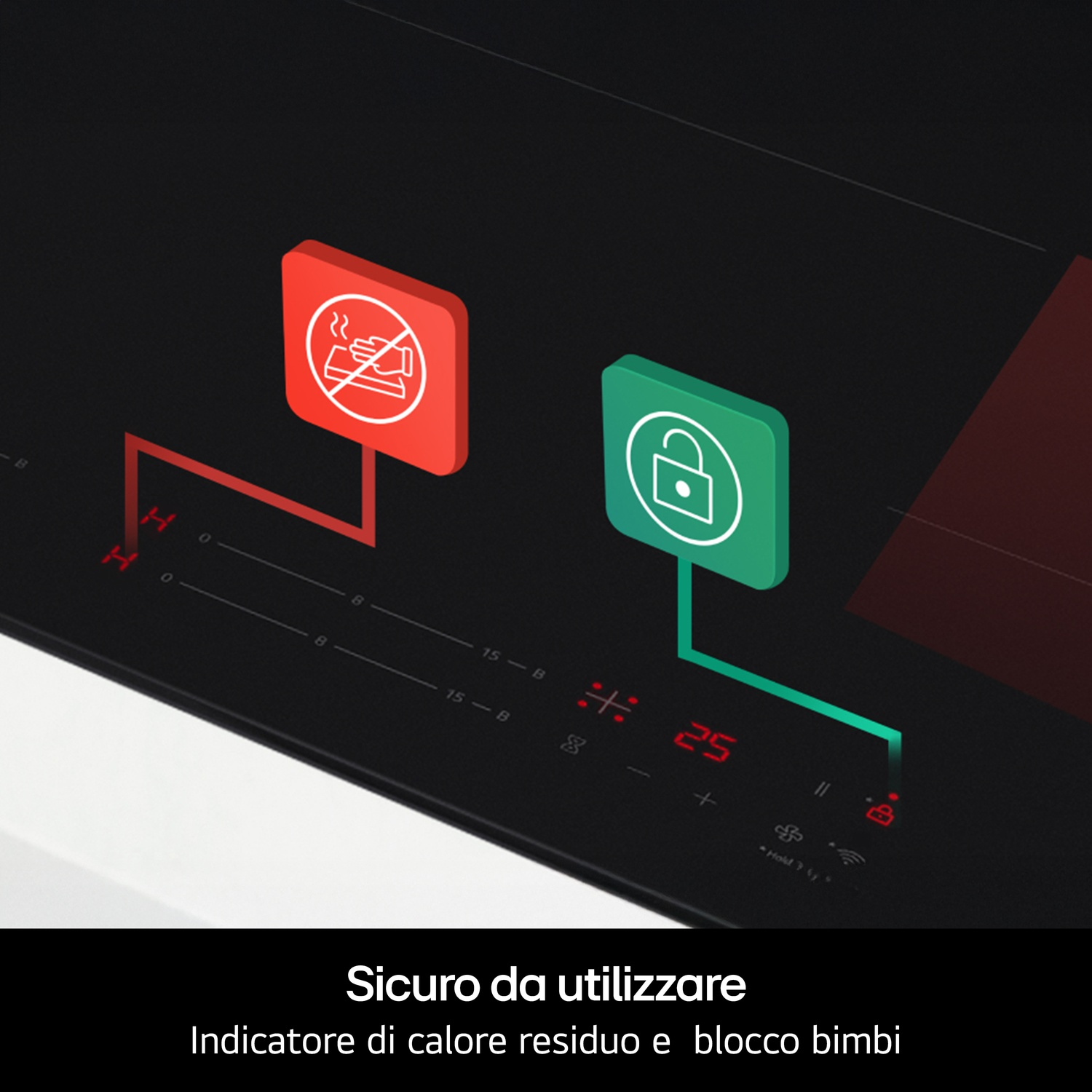 Una placa de cocina con iconos de calor residual (rojo) y bloqueo infantil (verde).