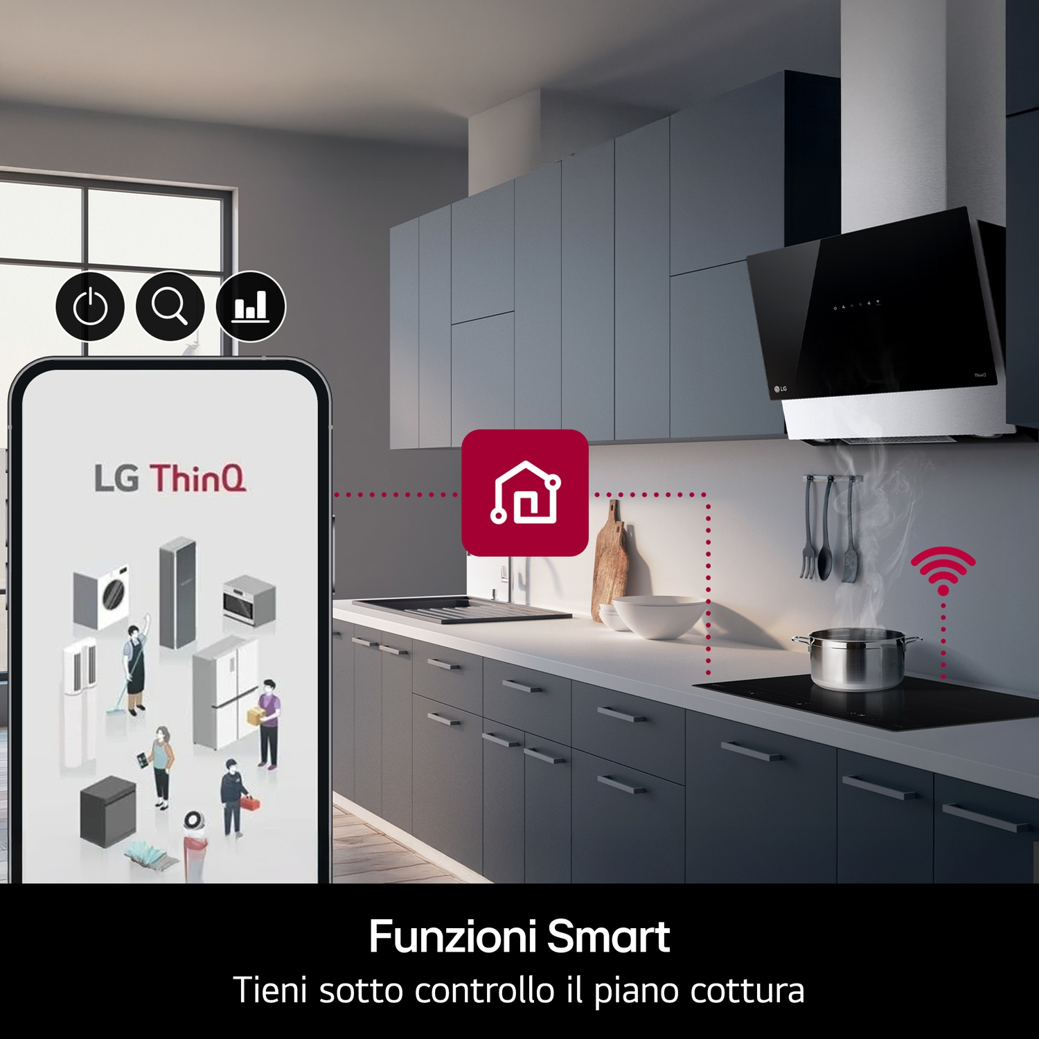 La app LG ThinQ en el teléfono muestra electrodomésticos inteligentes. Cocina con campana y vitrocerámica.