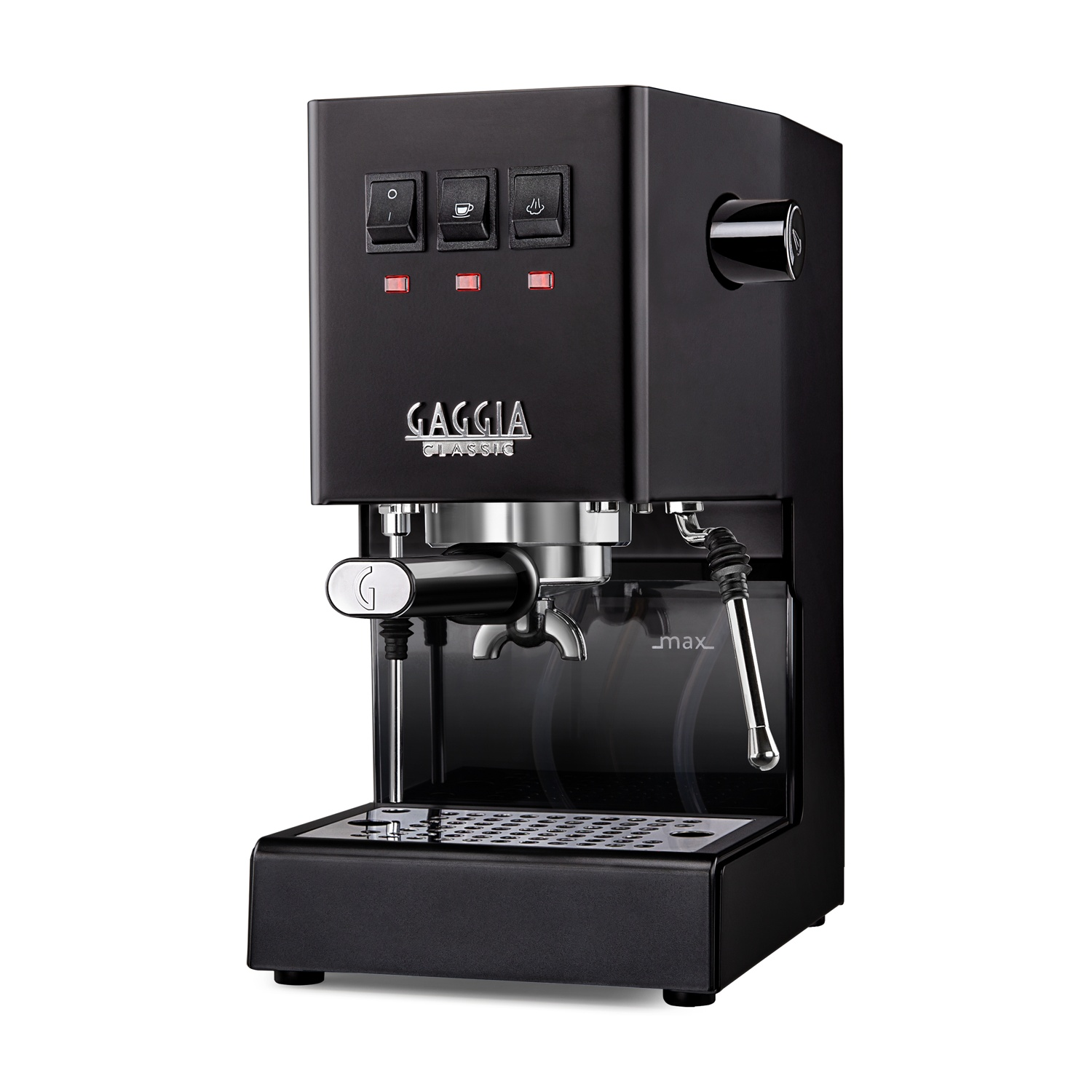 Eine schwarze Gaggia Classic Espressomaschine mit silbernen Akzenten und Bedienelementen.