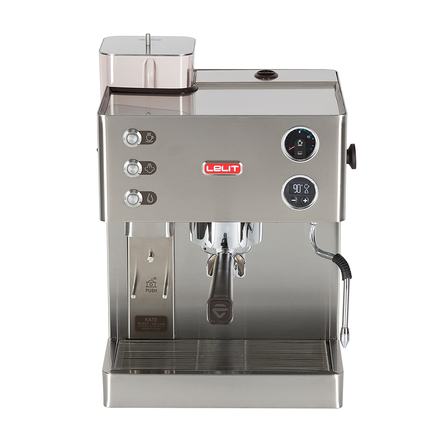 Eine silberne Espressomaschine mit Kaffeegriff und Dampfdüse.