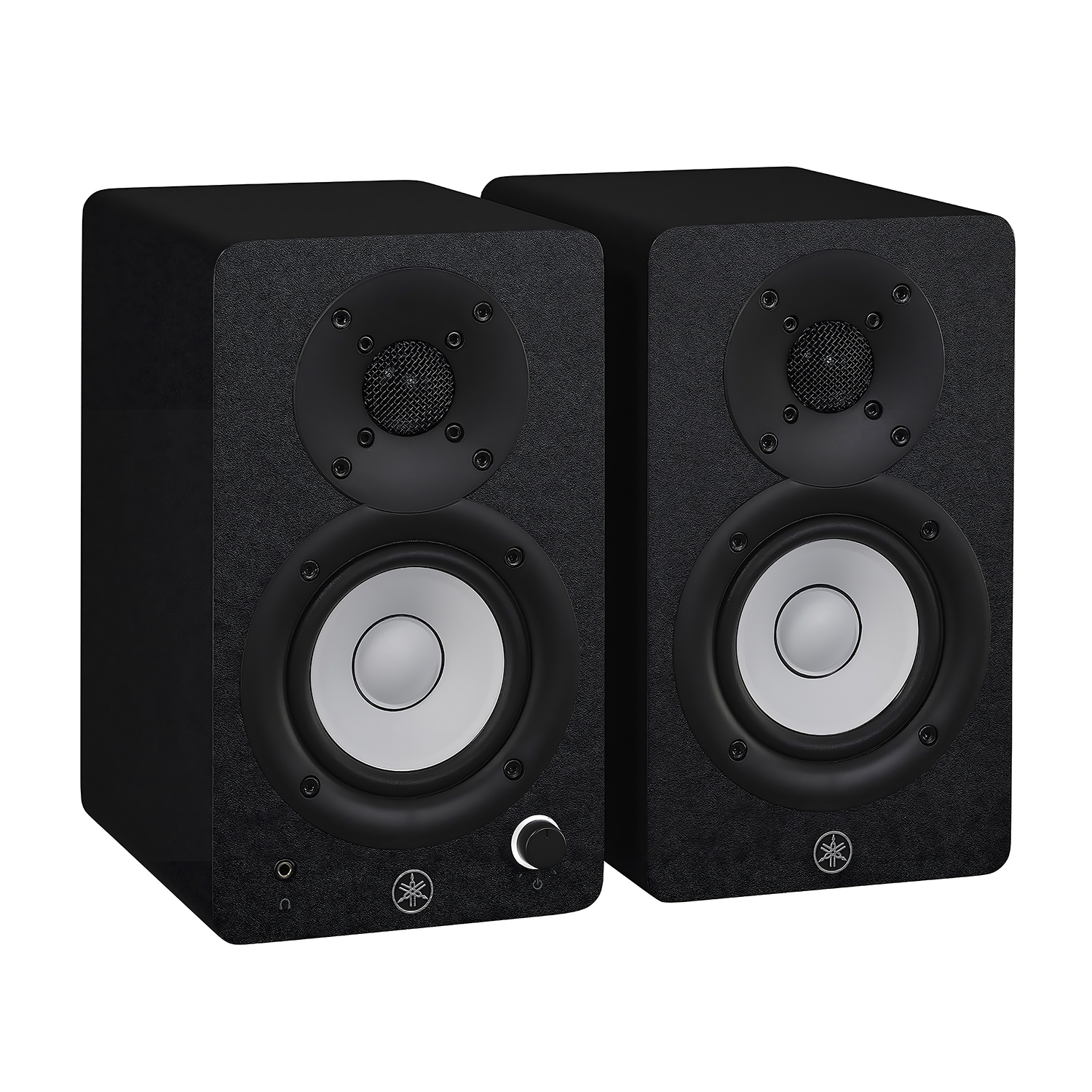 Due monitor da studio Yamaha neri con woofer argentati e tweeter neri.