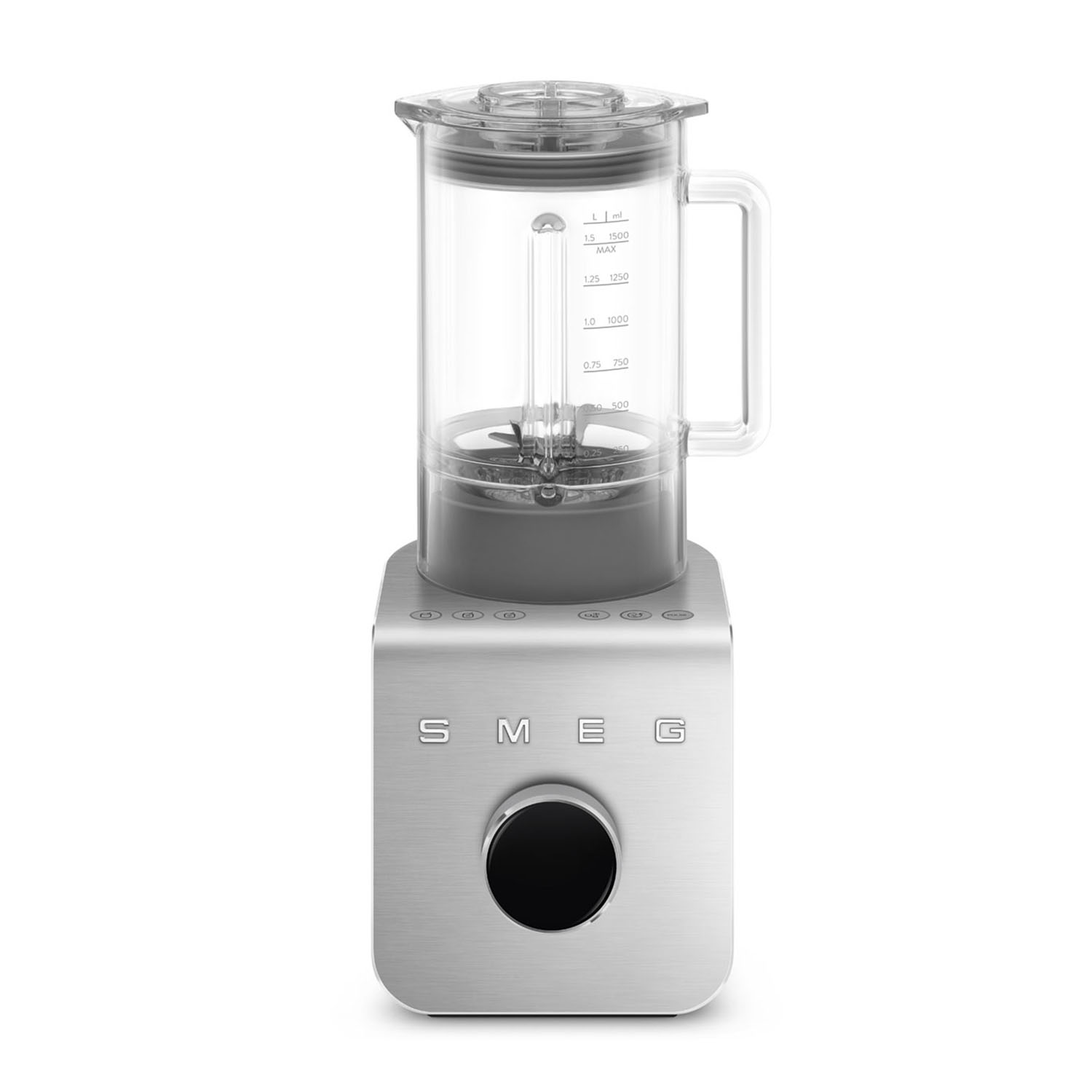Un frullatore SMEG argento con caraffa trasparente e manopola nera.