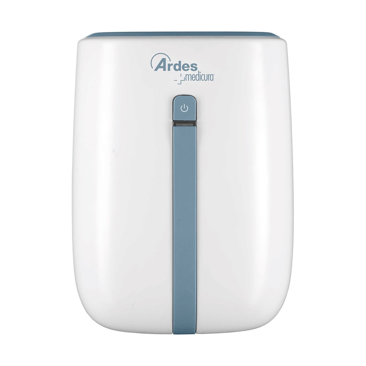 Biała oczyszczacz powietrza Ardes Medicura z niebieskim akcentem i przyciskiem zasilania.