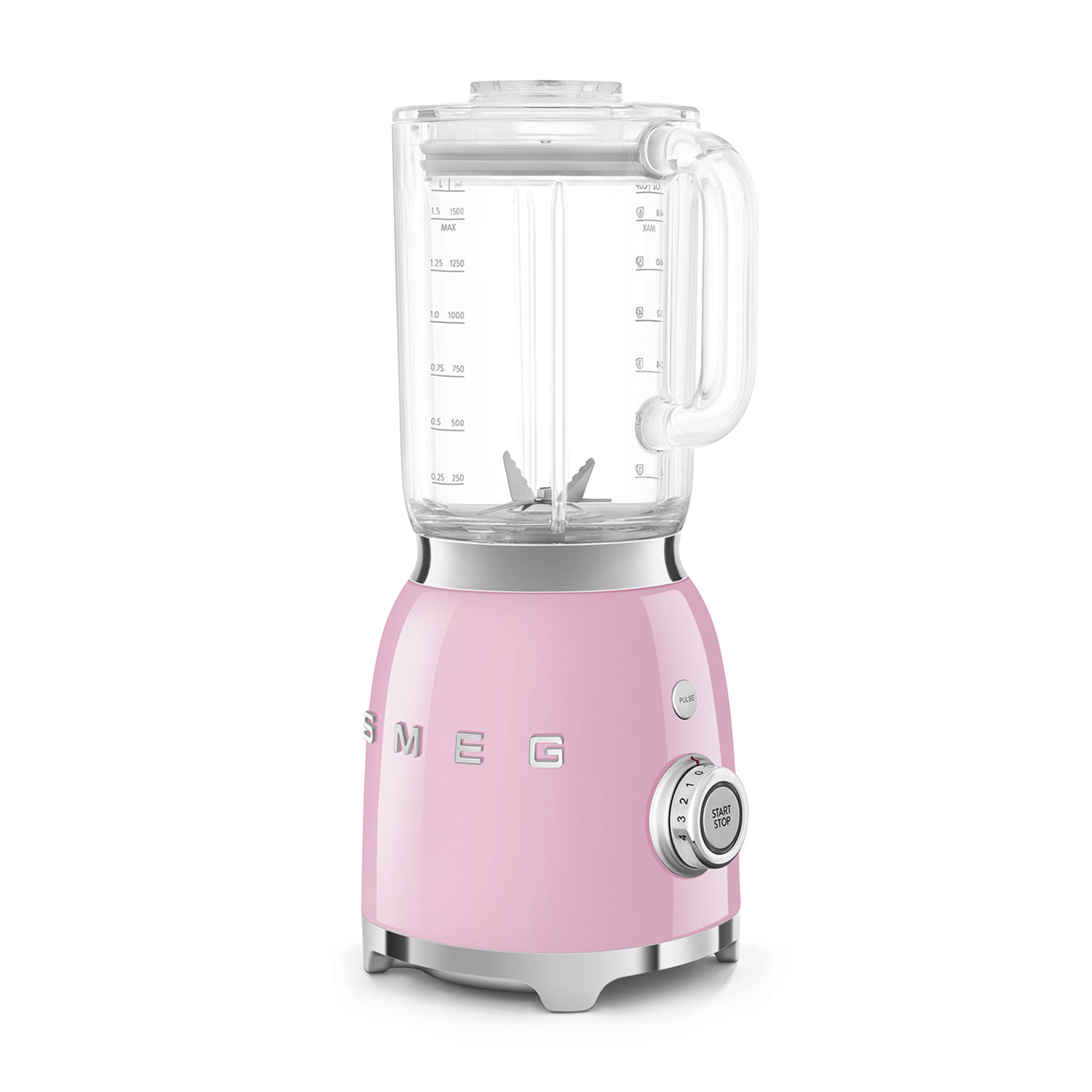 Ein pinker Smeg Standmixer mit silbernen Akzenten und einem transparenten Krug.