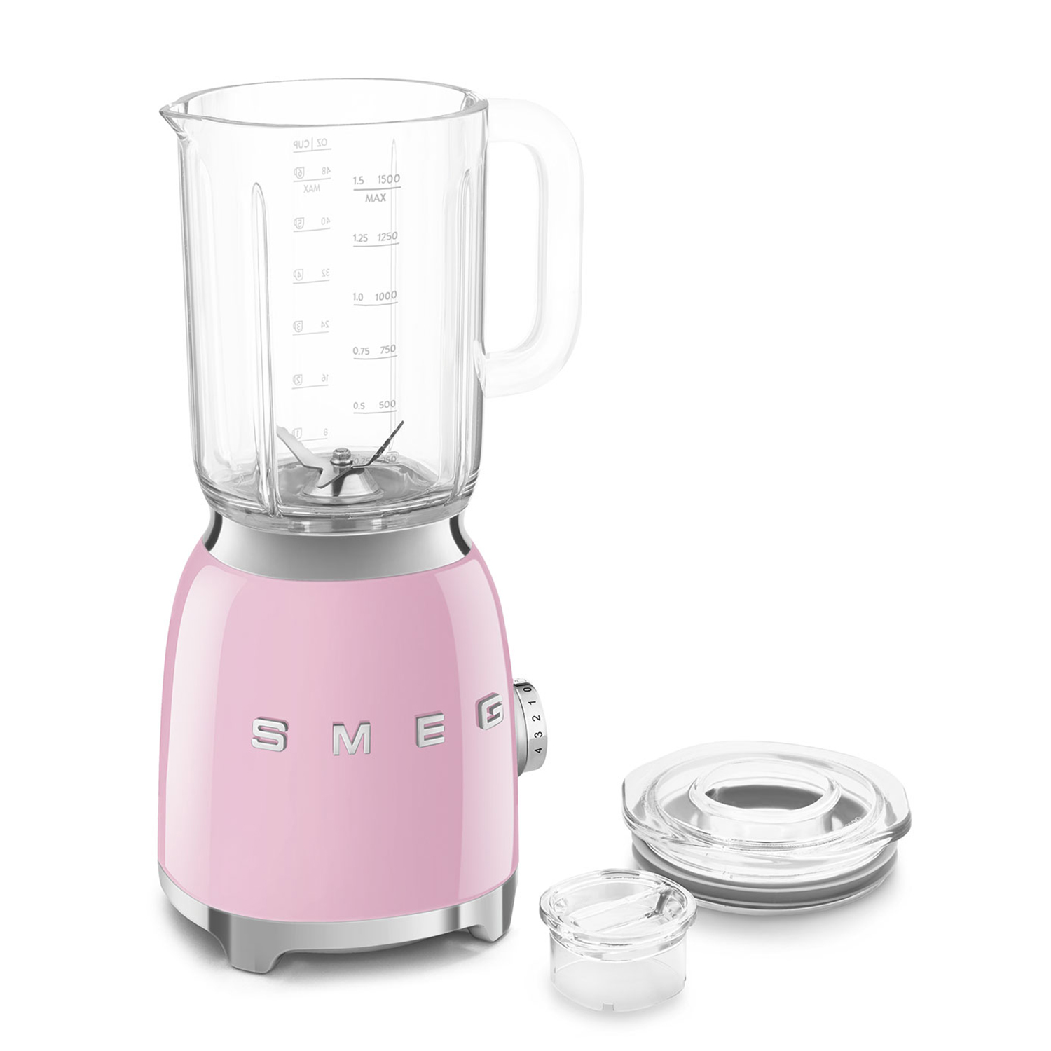Ein rosafarbener Smeg-Standmixer mit Glasbehälter und Messskala.
