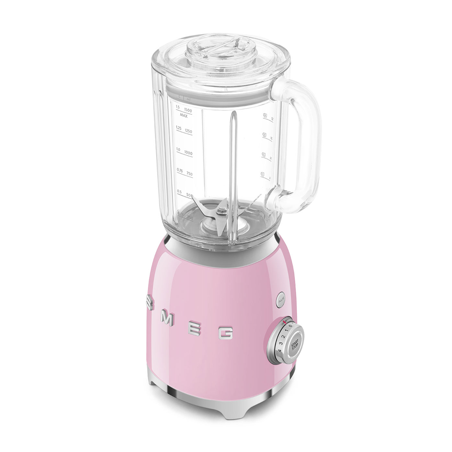 Ein rosa Standmixer mit Glasbehälter, silbernen Akzenten und Bedienelementen.