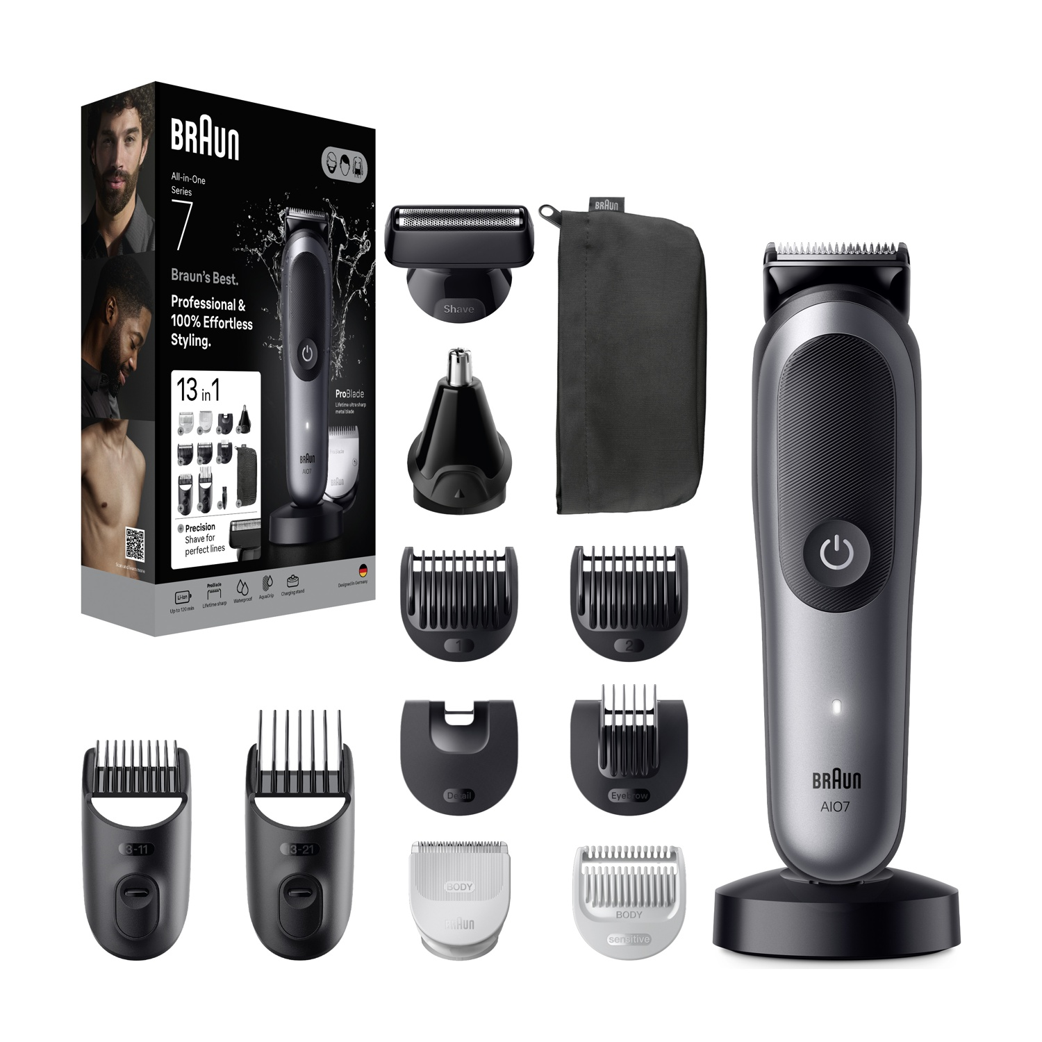 Trymer Braun Series 7 All-in-One z akcesoriami, stojakiem ładującym i etui.