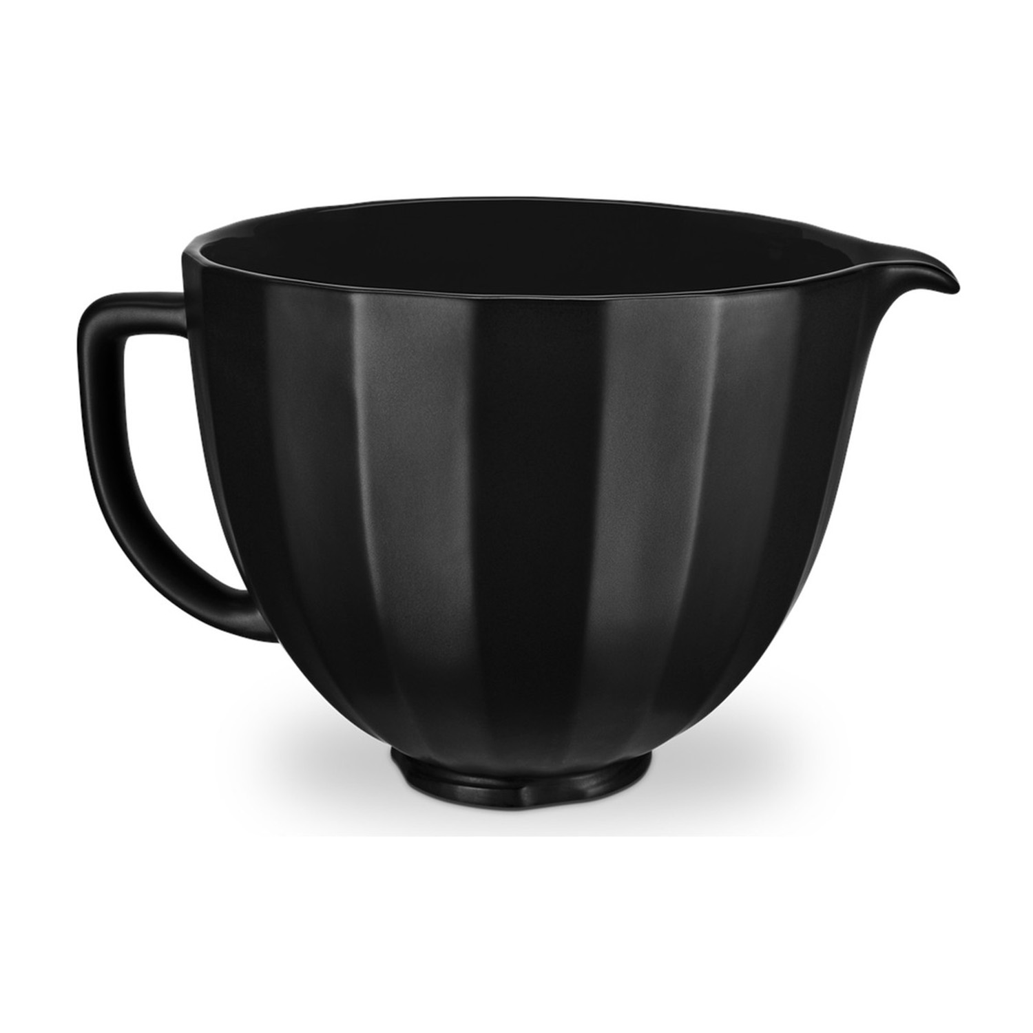 Schwarze Rührschüssel mit vertikalen Rillen und Griff.