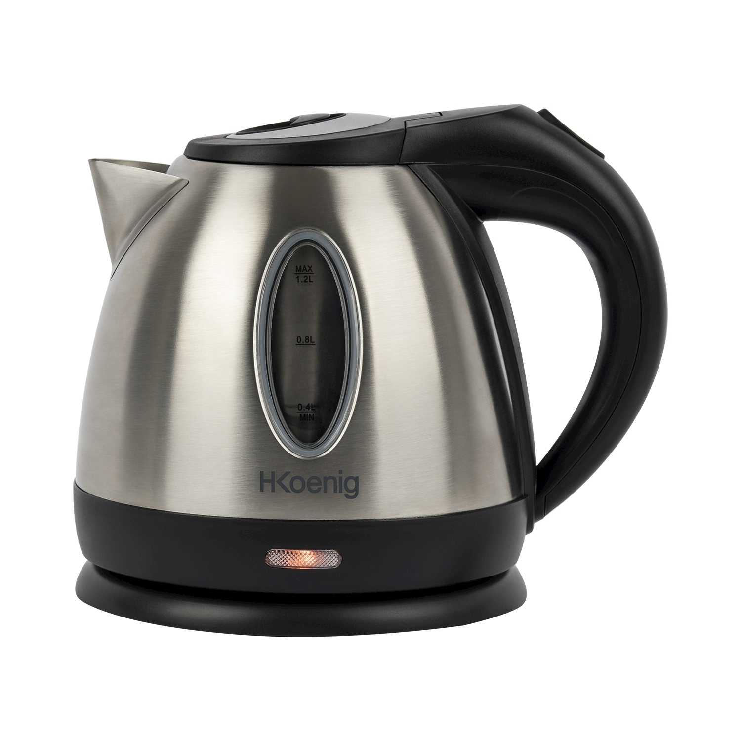 Hervidor de acero inoxidable cepillado con asa y base negras, indicador iluminado.