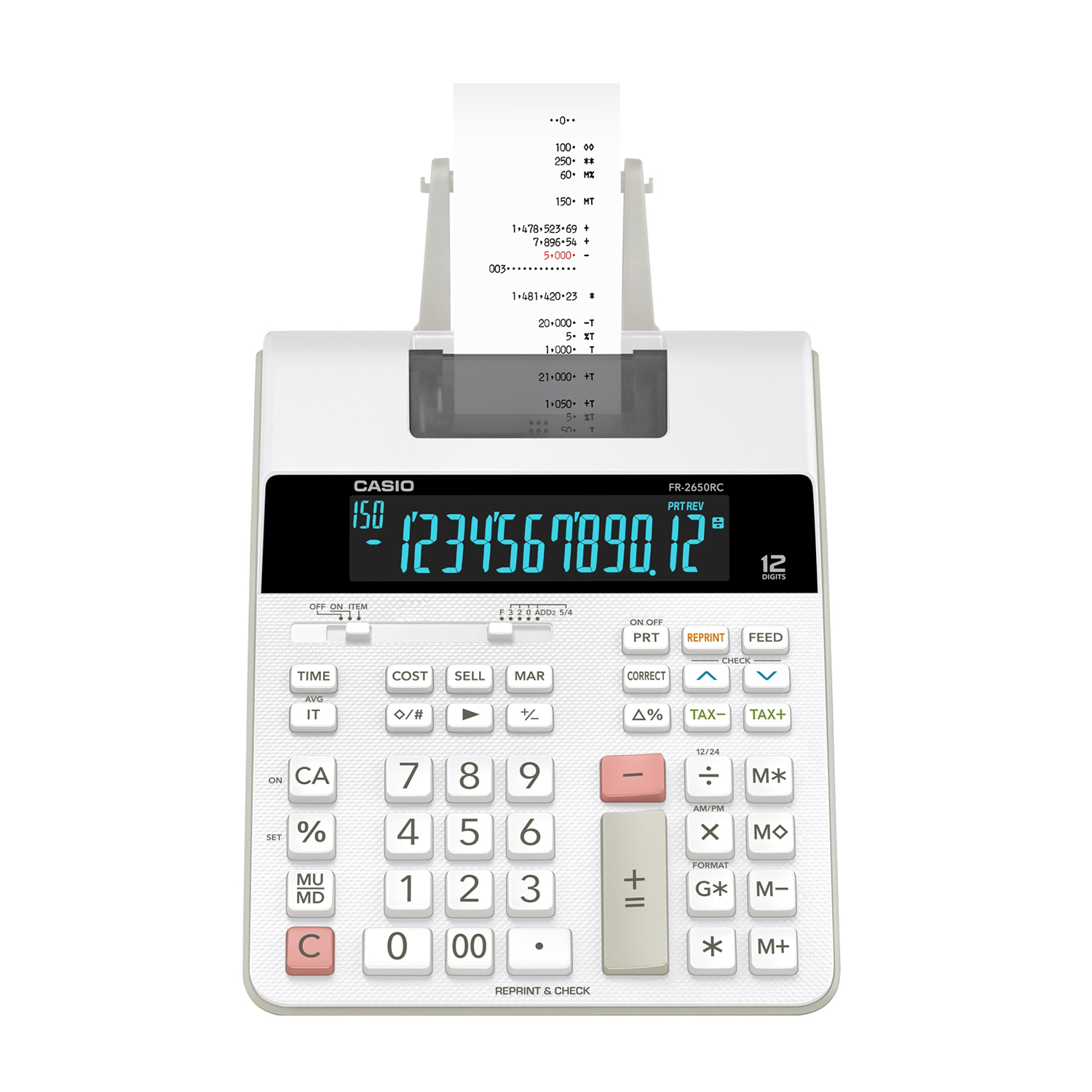 Una calcolatrice stampante Casio FR-2650RC bianca con display nero e scontrino stampato.