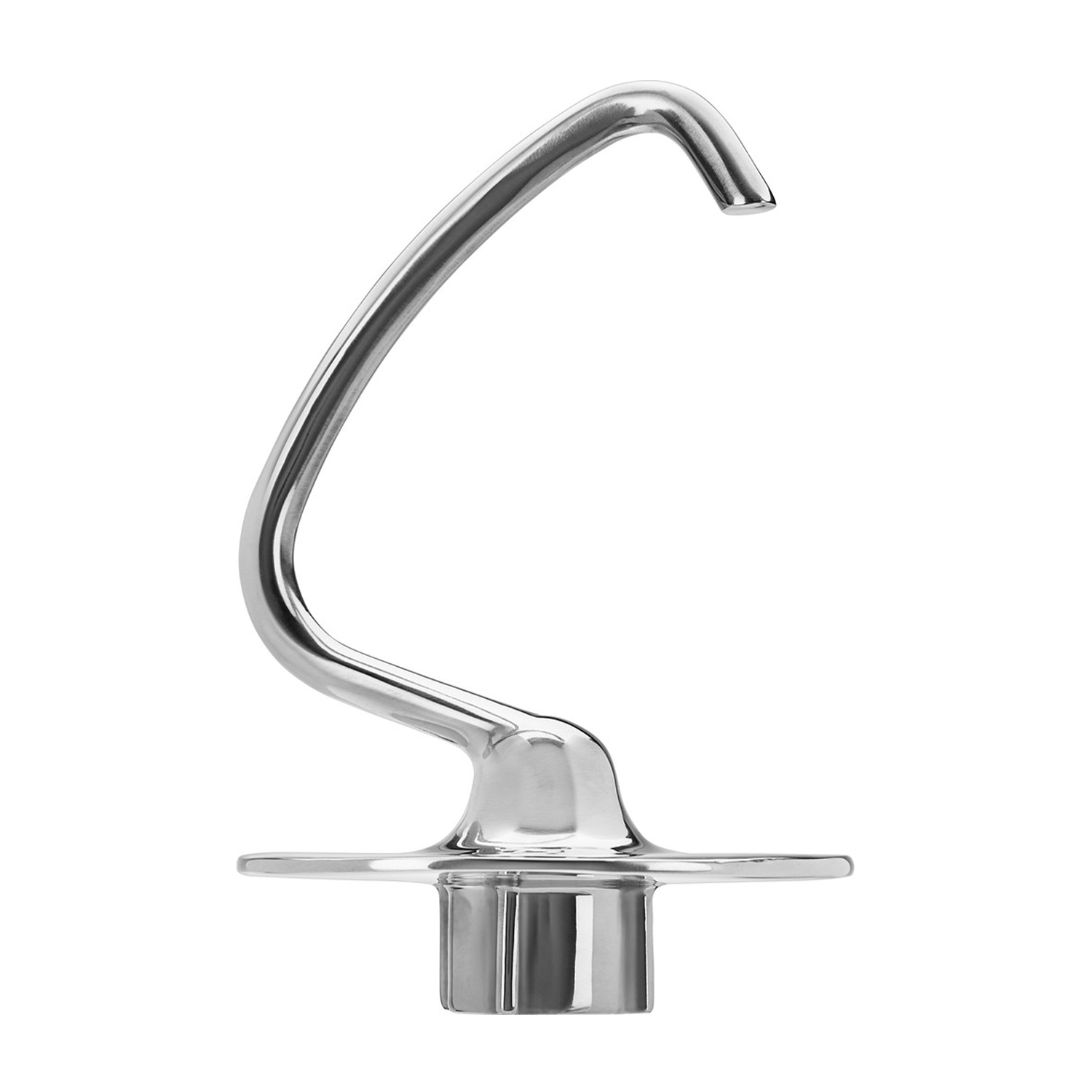 Gancio impastatore in metallo argentato e lucido, isolato su sfondo bianco.