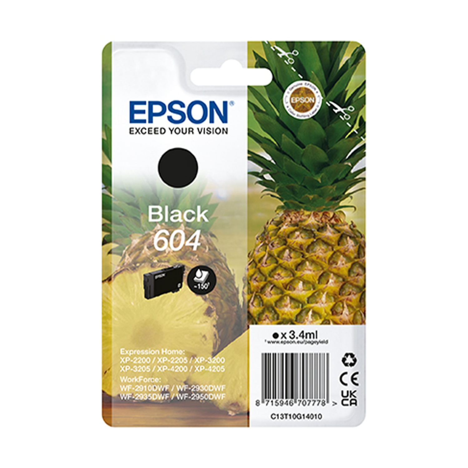 Cartuccia d'inchiostro nera Epson 604 con motivo di ananas e elenco compatibilità stampanti.