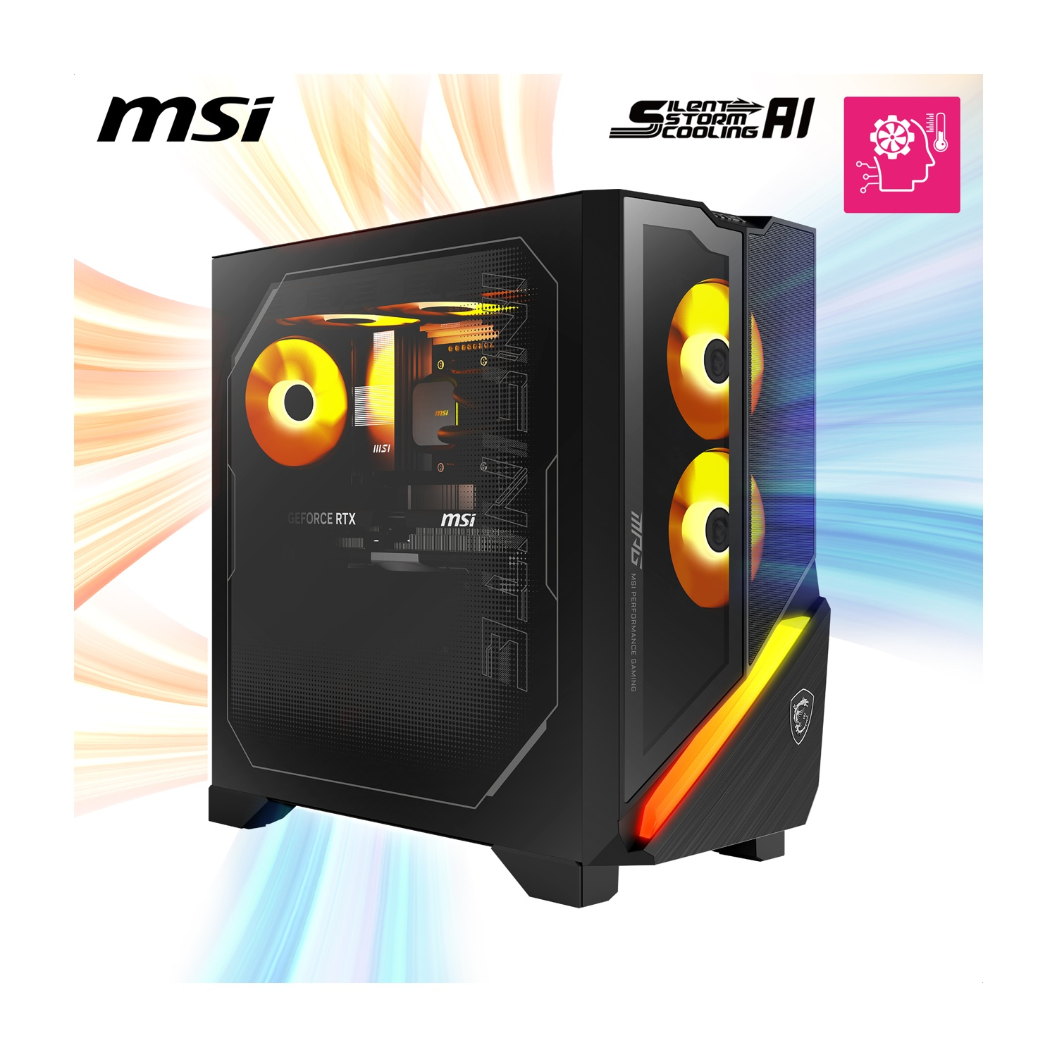 RGB fanlı ve aydınlatmalı logolu siyah MSI PC kasası. Hava akışı grafiği.