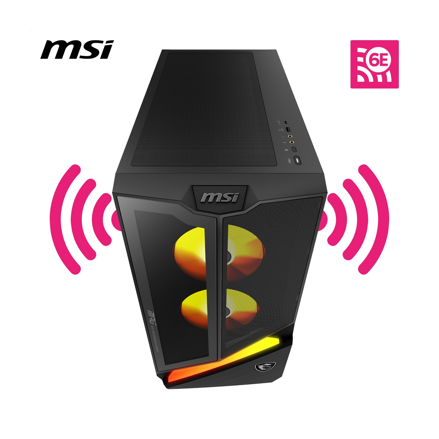 Arkadan aydınlatmalı fanlar ve Wi-Fi sembolleri olan siyah MSI PC kasası.