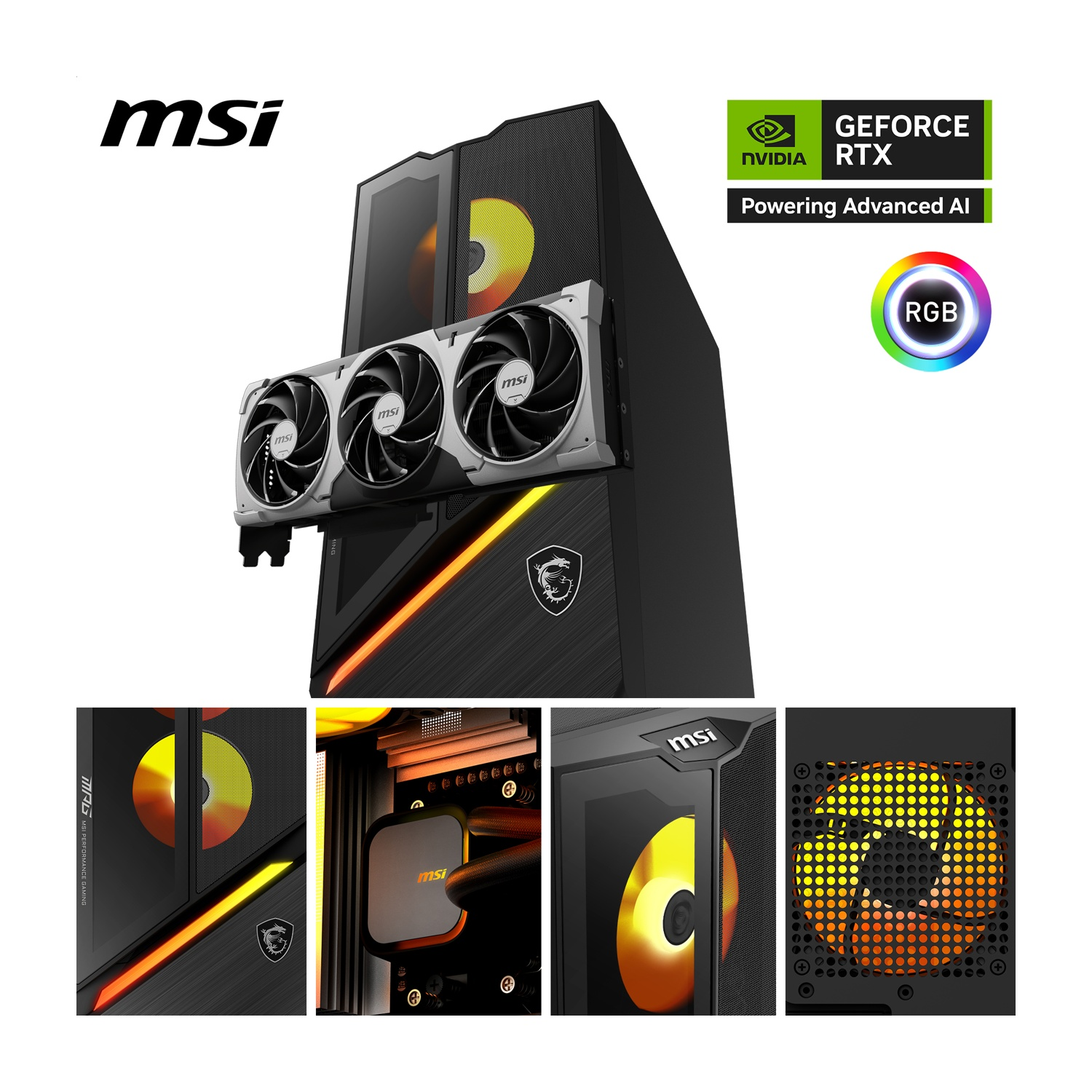 MSI PC kulesi, GeForce RTX GPU, RGB aydınlatma ve çoklu fanlara sahip.