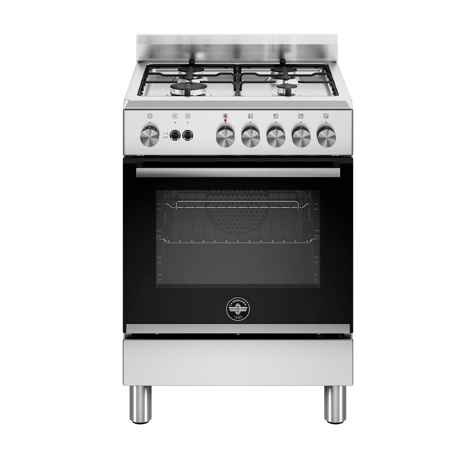 Un moderno forno freestanding in acciaio inox con piano cottura a gas e porta in vetro nero.