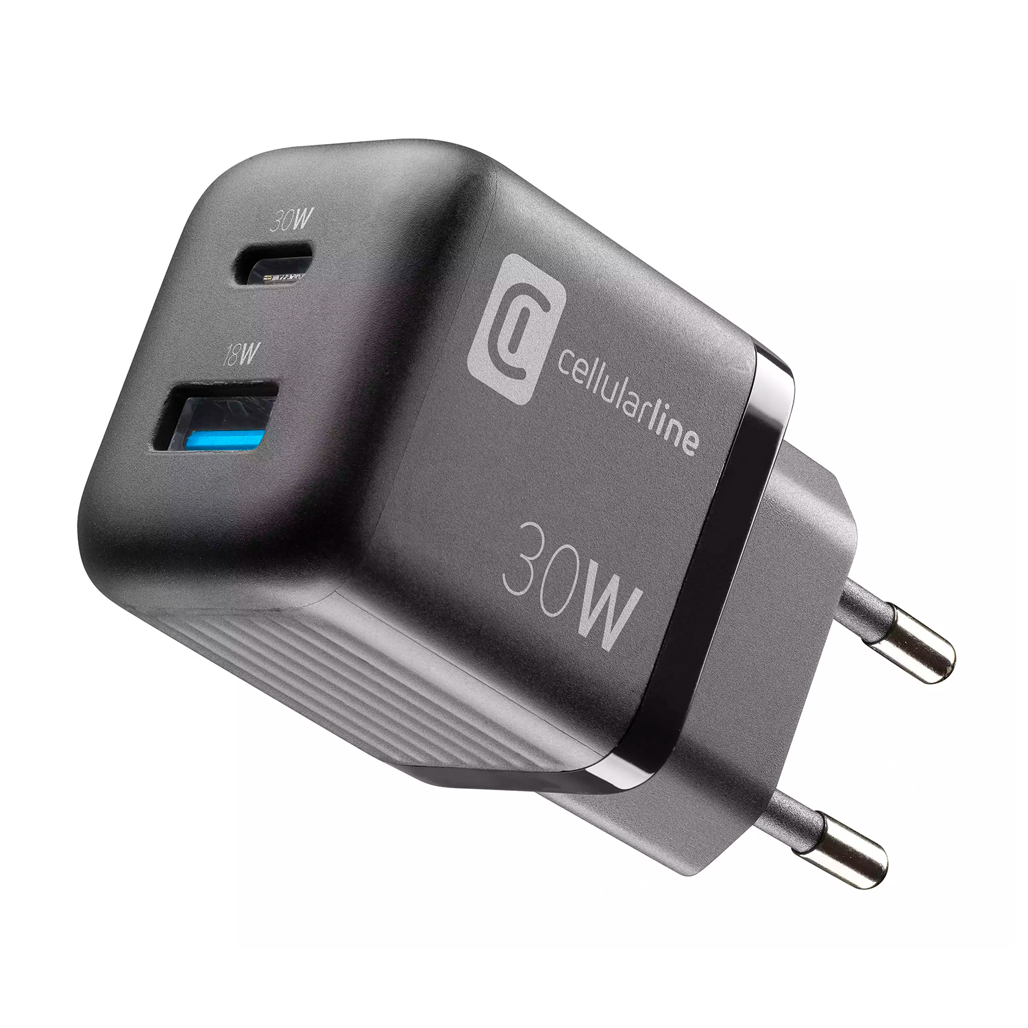 Caricatore USB-C grigio da 30W con due porte e logo Cellularline.