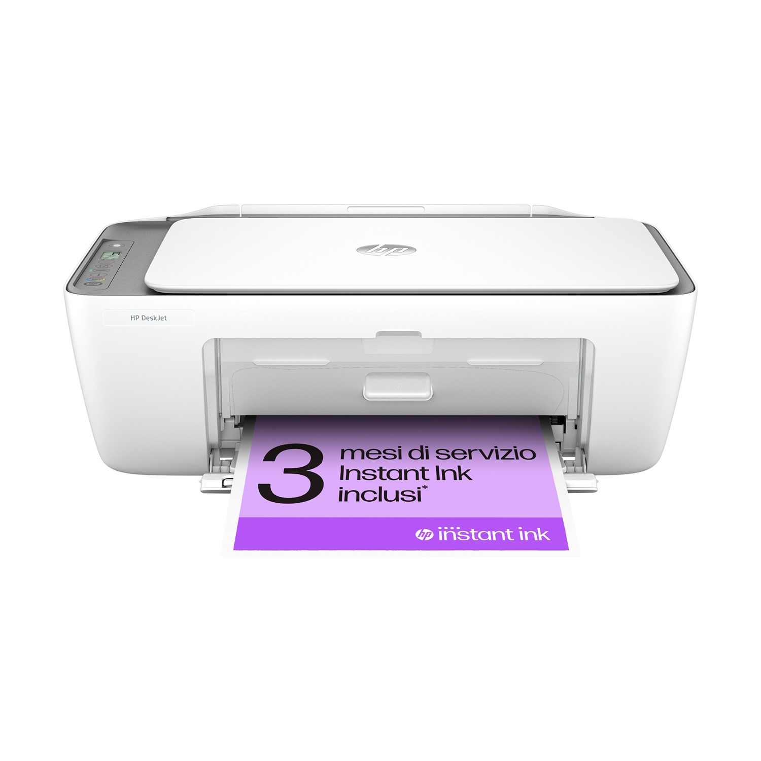 Biała drukarka HP DeskJet z fioletowym papierem pokazującym 3 miesiące Instant Ink.
