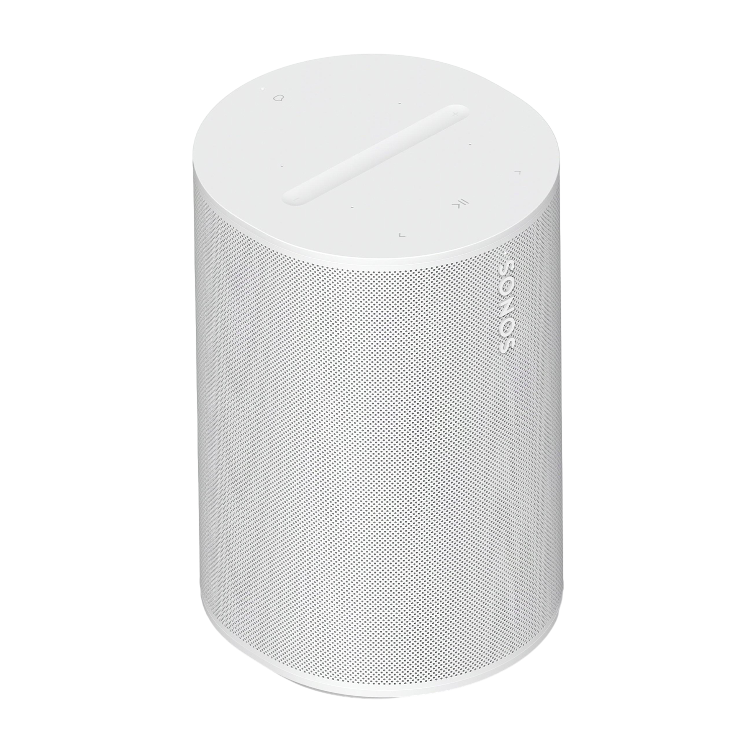 Biały głośnik Sonos w kształcie cylindra z panelami dotykowymi na górze.