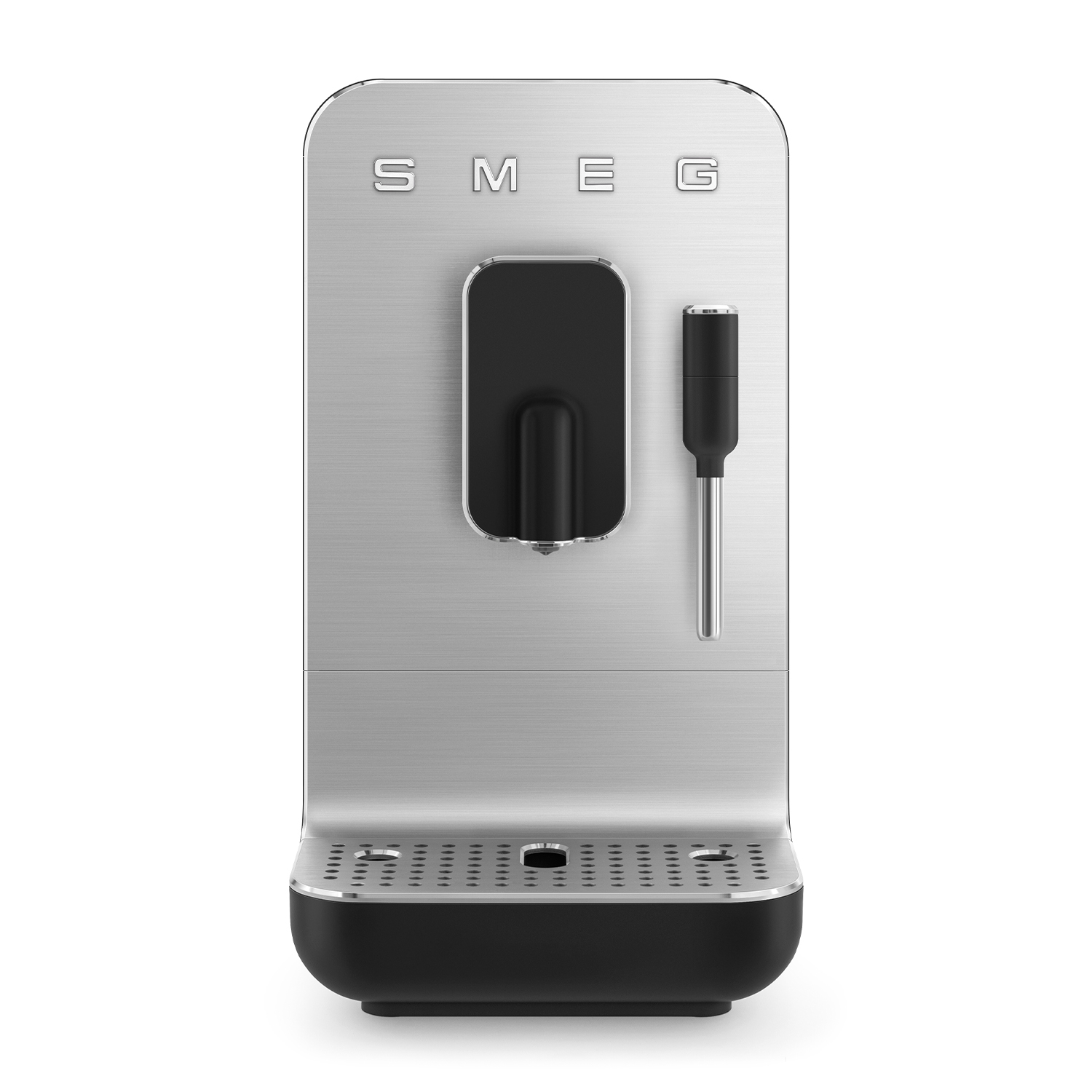 Srebrna ekspres do kawy SMEG z czarną wylewką i spieniaczem mleka.