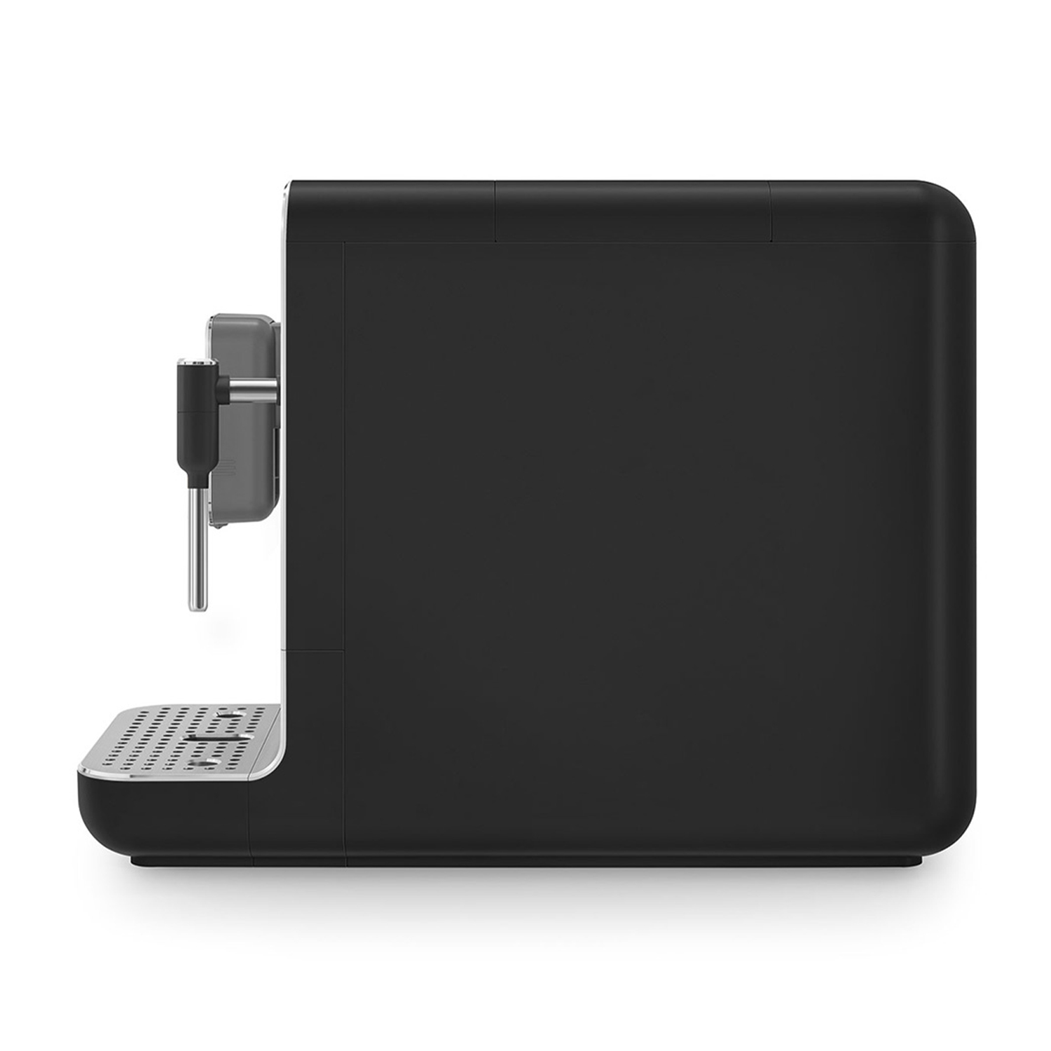 Czarny ekspres do kawy z metalową dyszą i tacką ociekową.