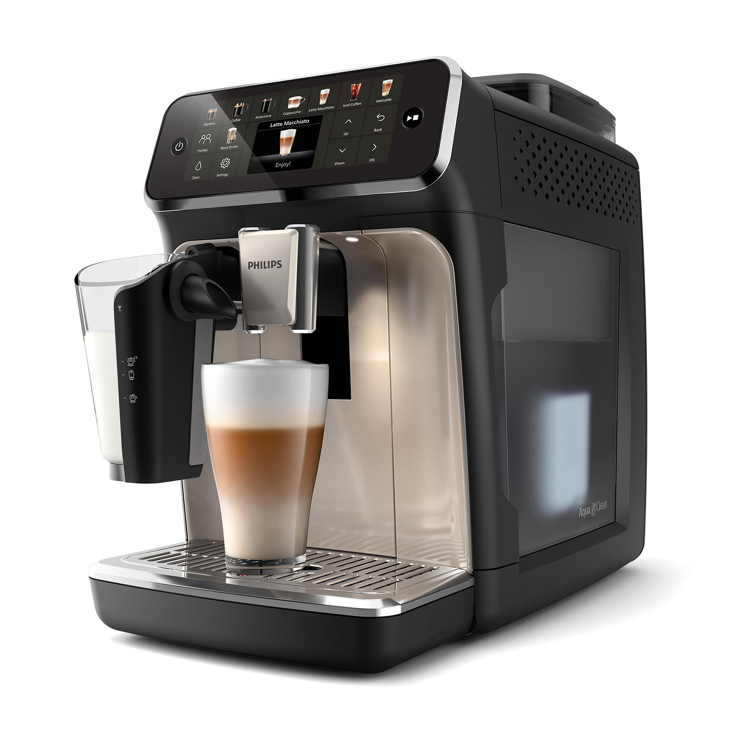Czarny ekspres do kawy Philips z latte macchiato w szklance.