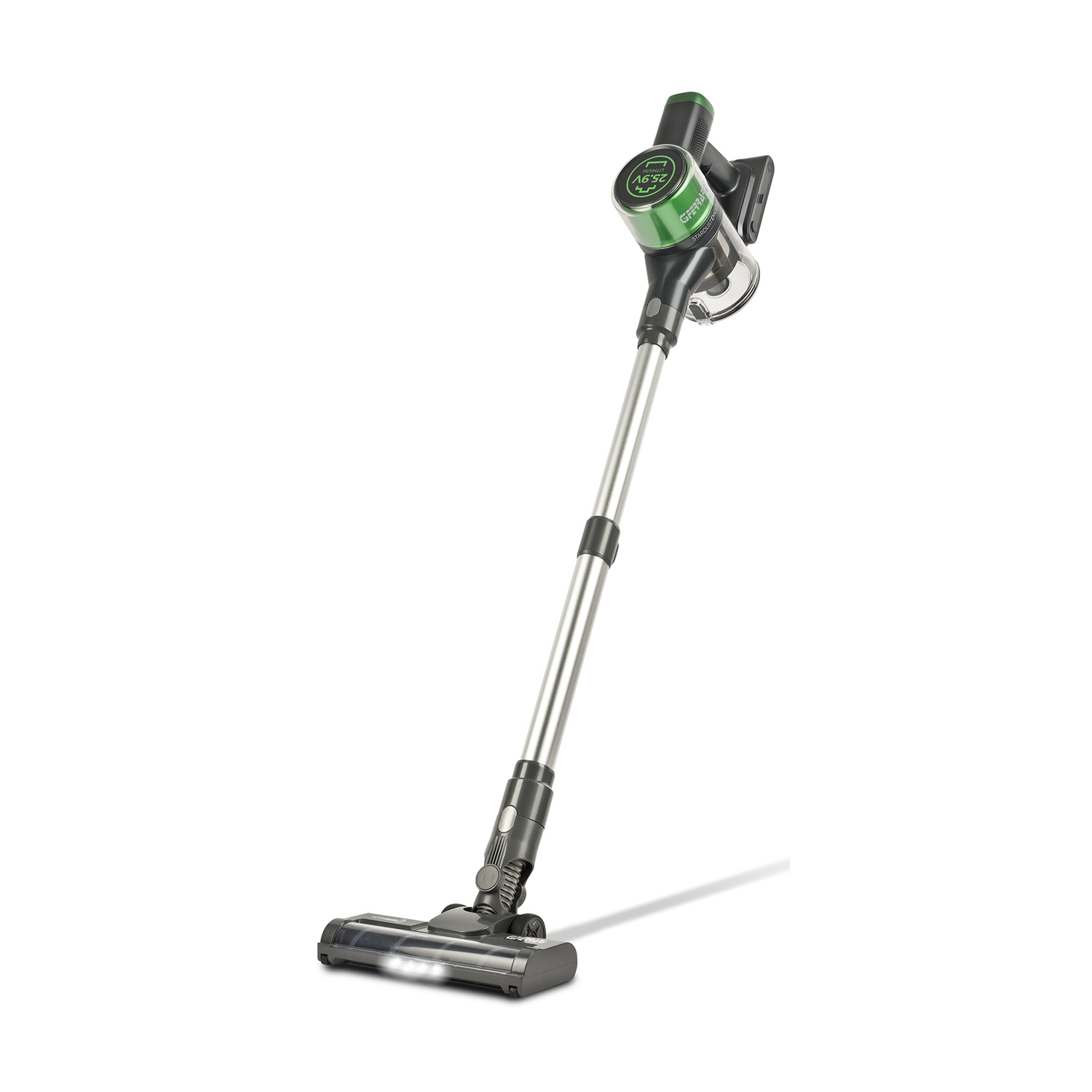 Un aspirador inalámbrico verde y plateado con luces LED en la base.