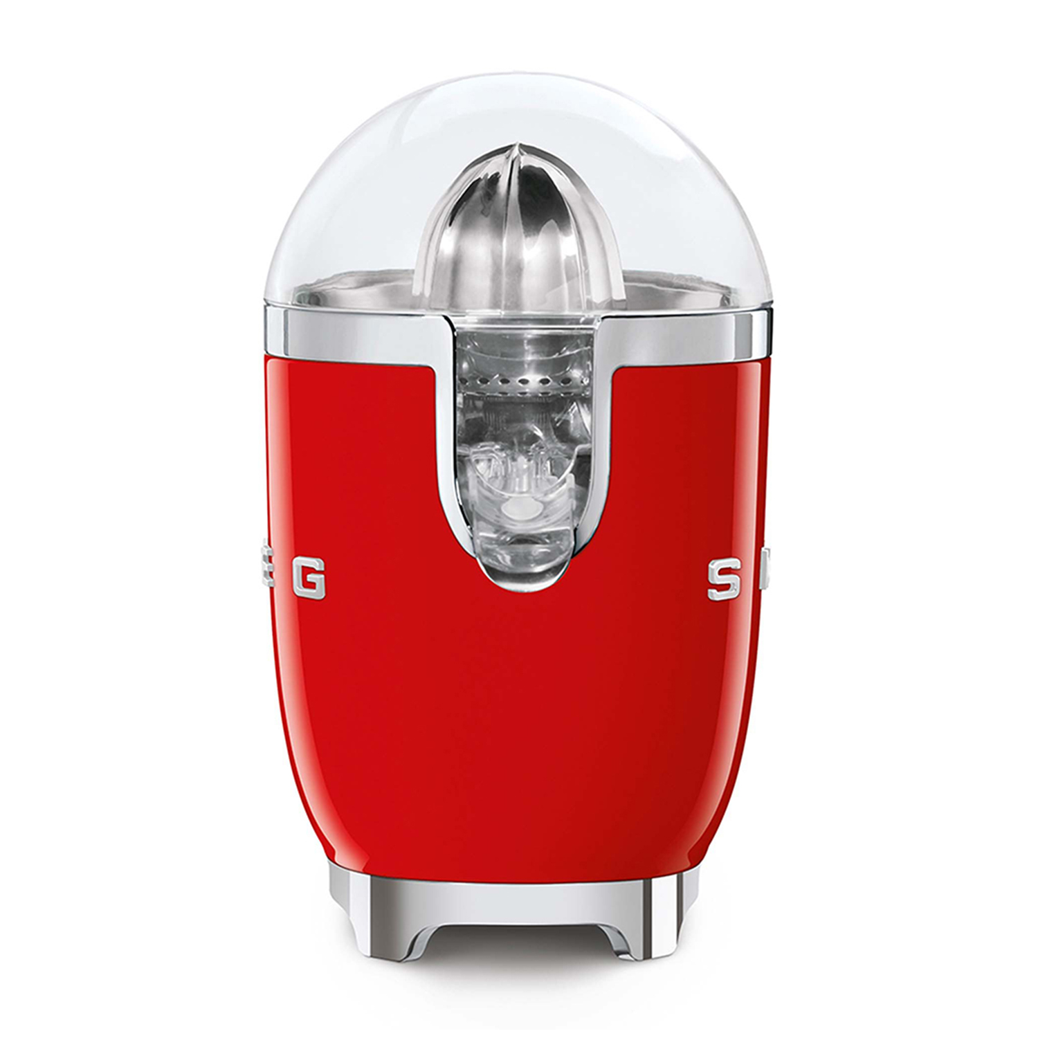 Una centrifuga per agrumi rossa con accenti argentati e coperchio trasparente.
