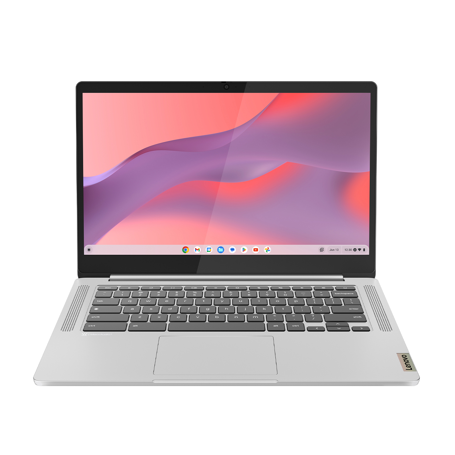 Un Chromebook Lenovo argentato con uno sfondo astratto colorato sullo schermo.
